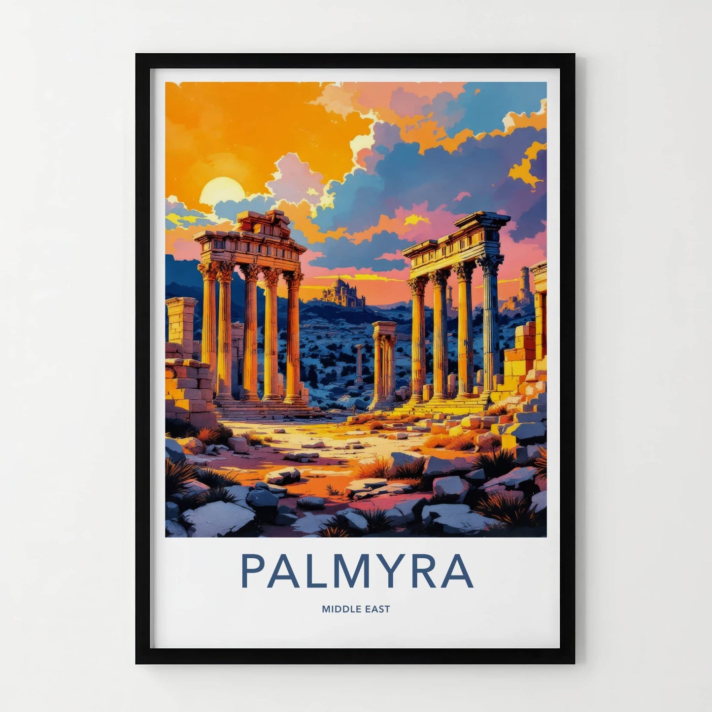 Palmyra Poster - Syria Travel Print - Sunlit Ruins Dusk Gallery Art