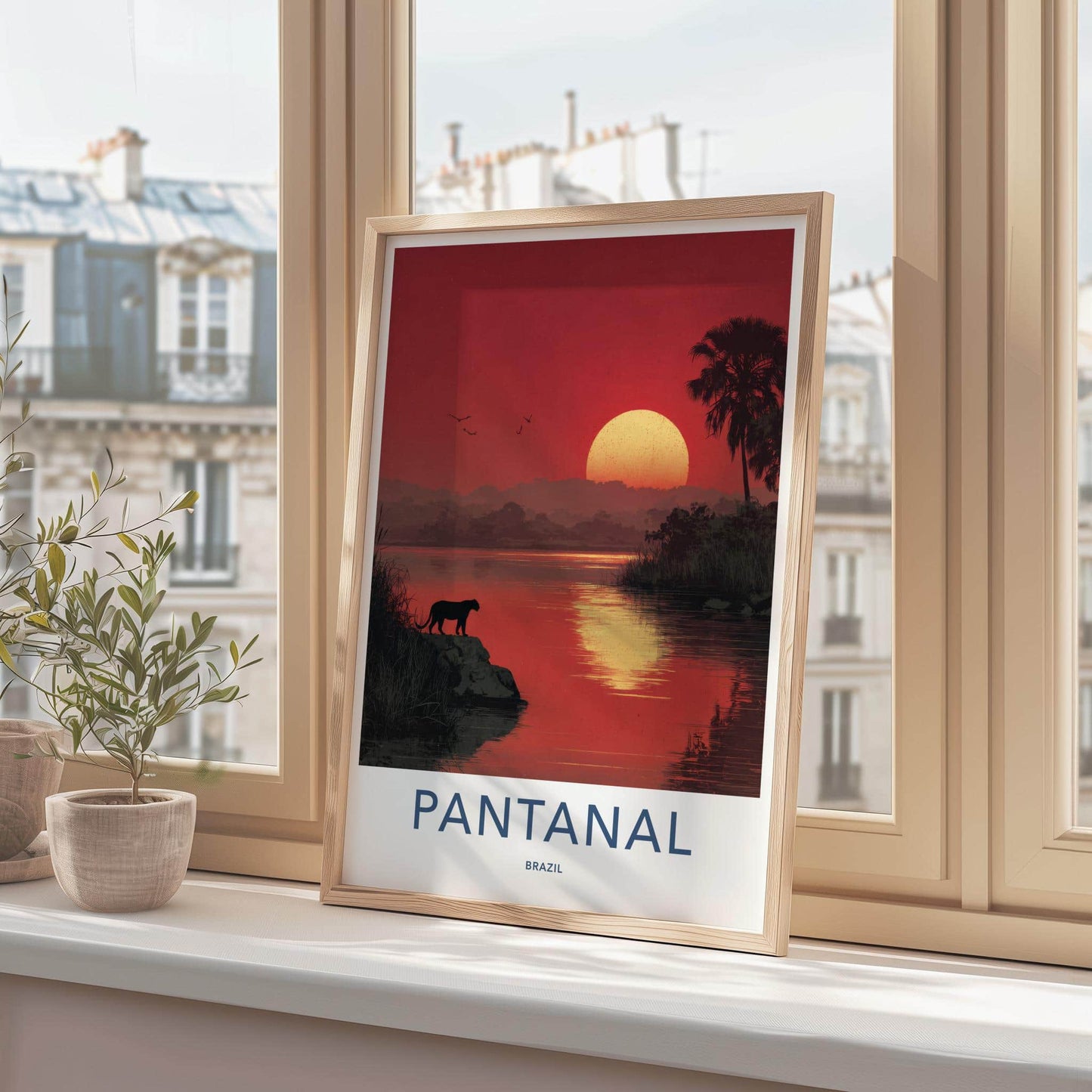 Pantanal Poster - Brazil Travel Art - Panther Red Sunset Home Decor