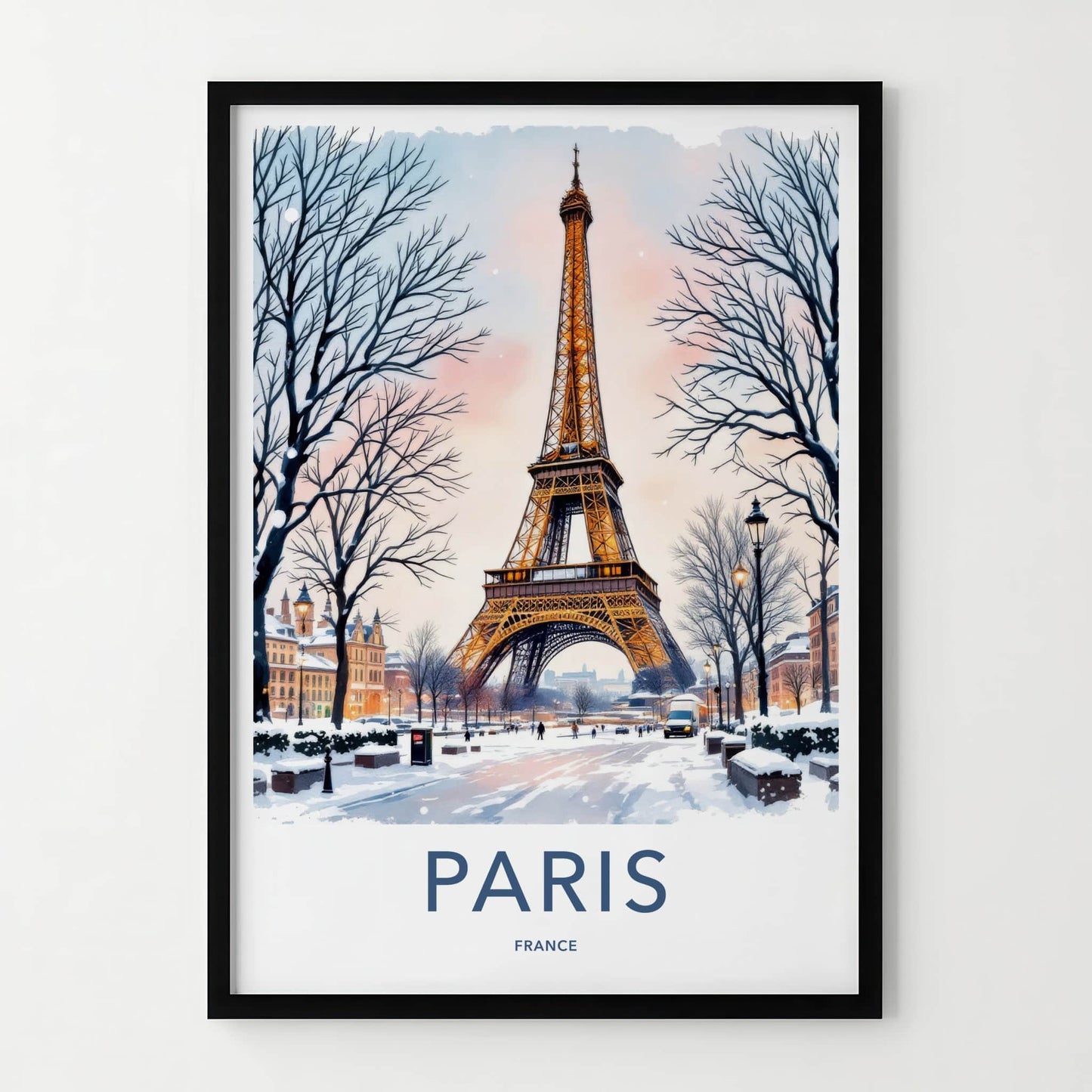 Paris Poster - France Framed Art - Eiffel Tower Snowy Street Lounge Decor