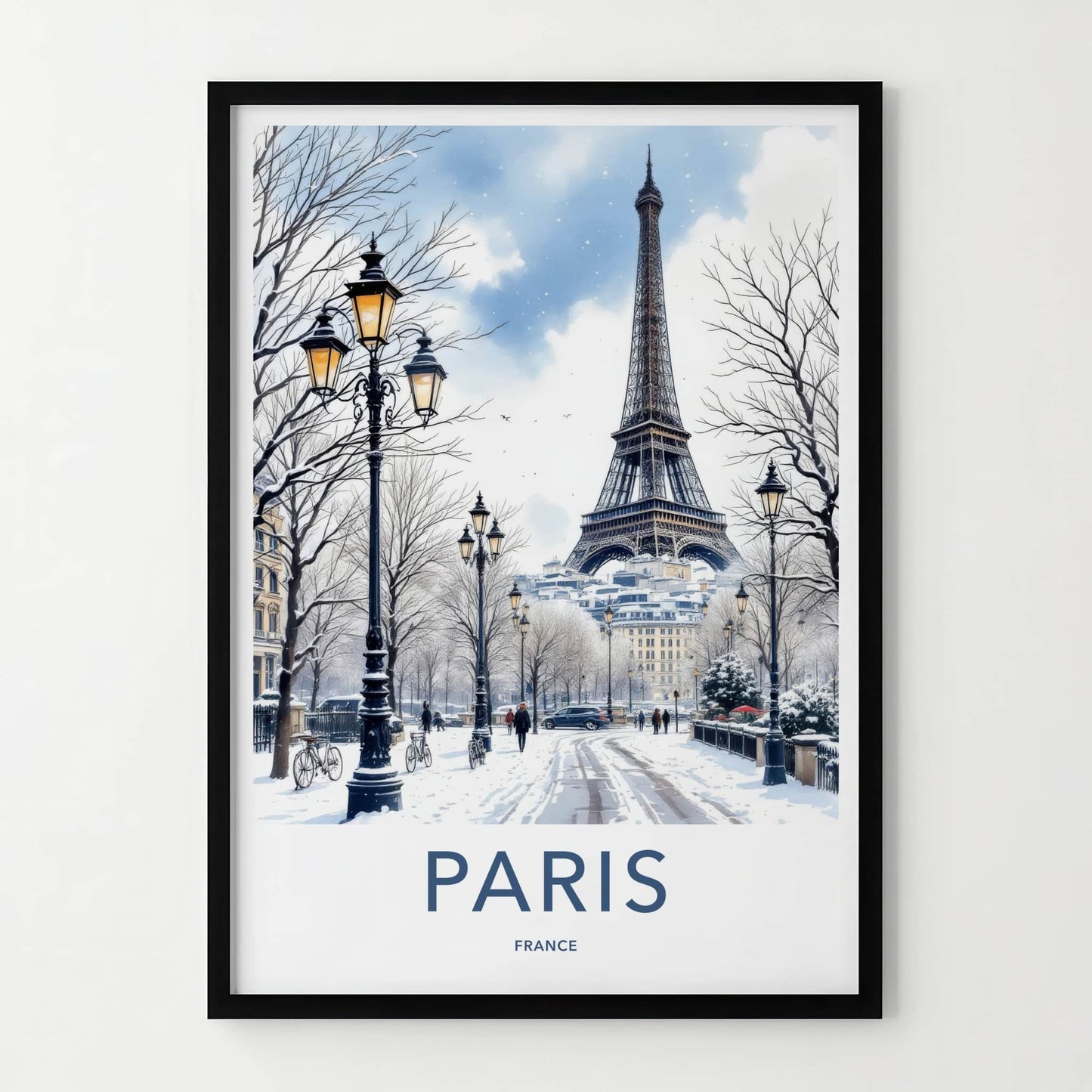 Paris Poster - France Travel Art - Eiffel Tower Snowy Street Home Decor