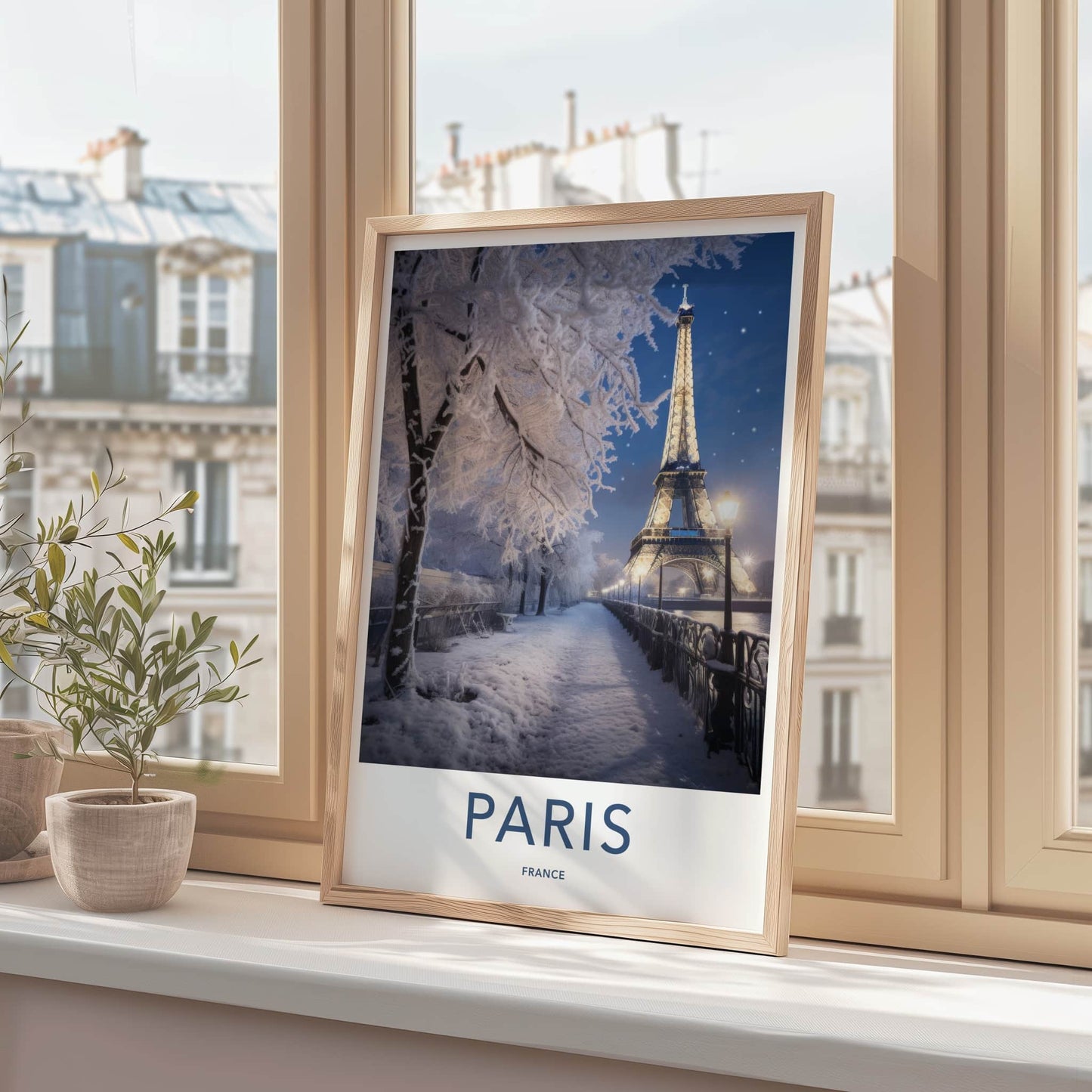 Paris Poster - France Travel Art - Snowy Parisian Night Home Decor