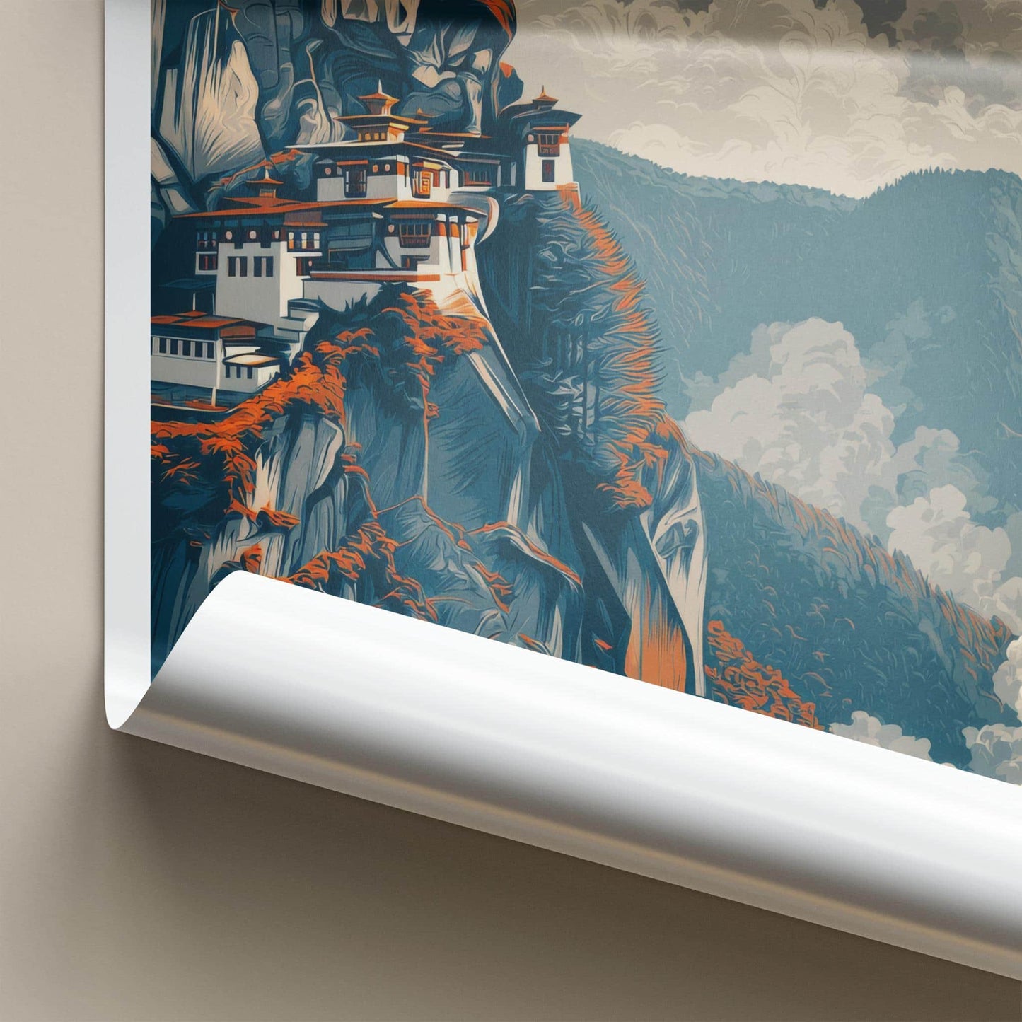 Paro Valley Poster - Bhutan Travel Art - Cliffside Monastery Clouds Wall Decor