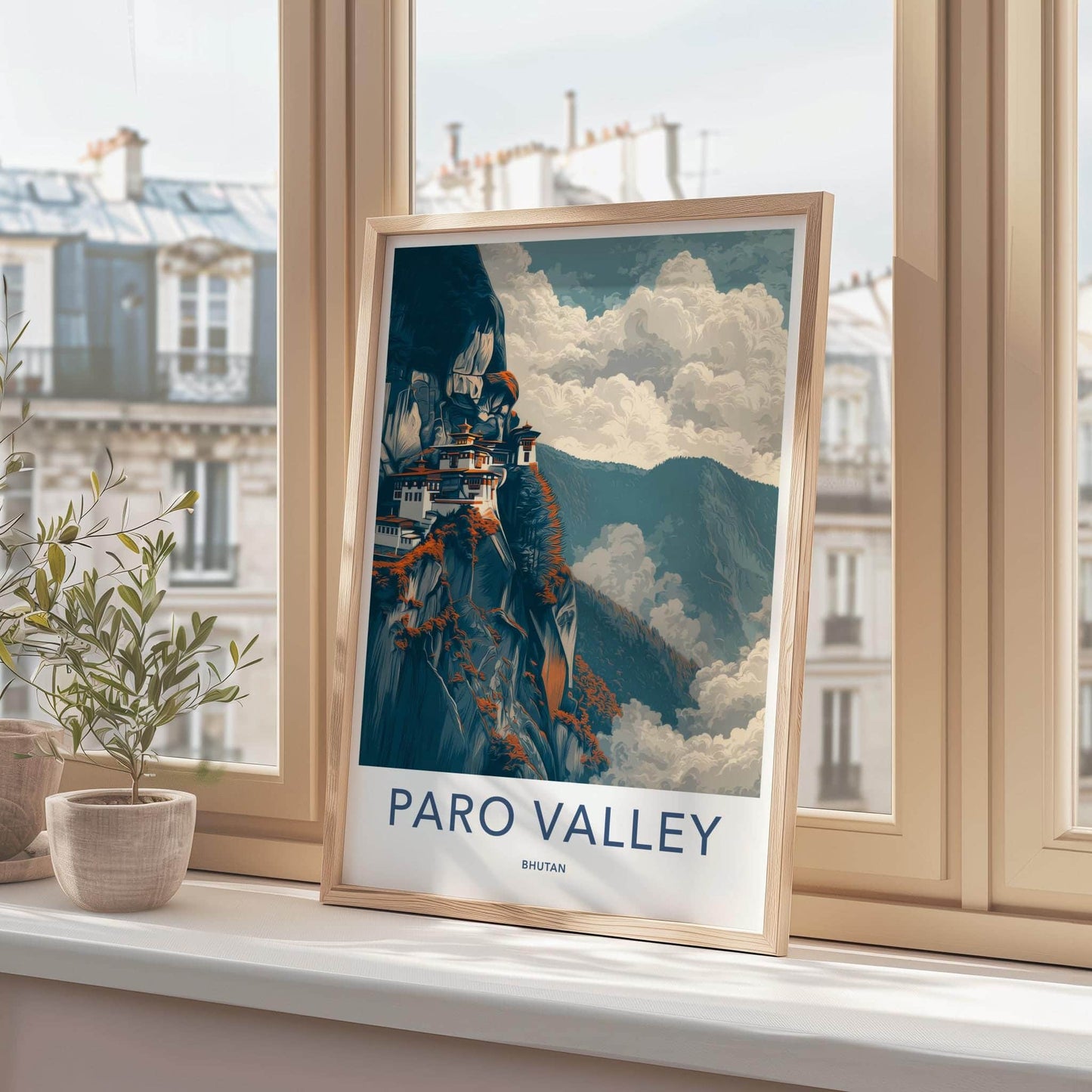 Paro Valley Poster - Bhutan Travel Art - Cliffside Monastery Clouds Wall Decor