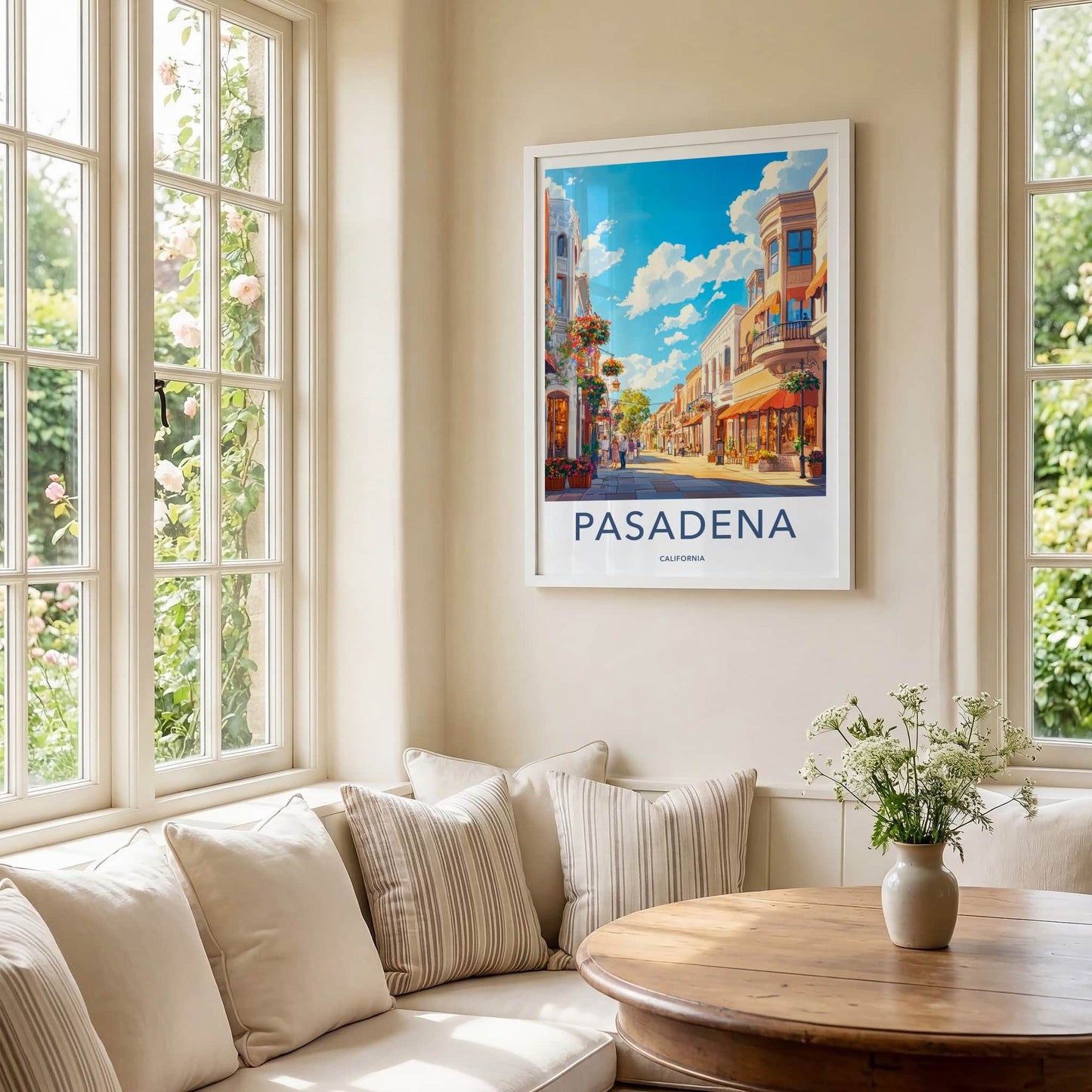 Pasadena Poster - California Travel Art - Flower Lined Street Home Decor