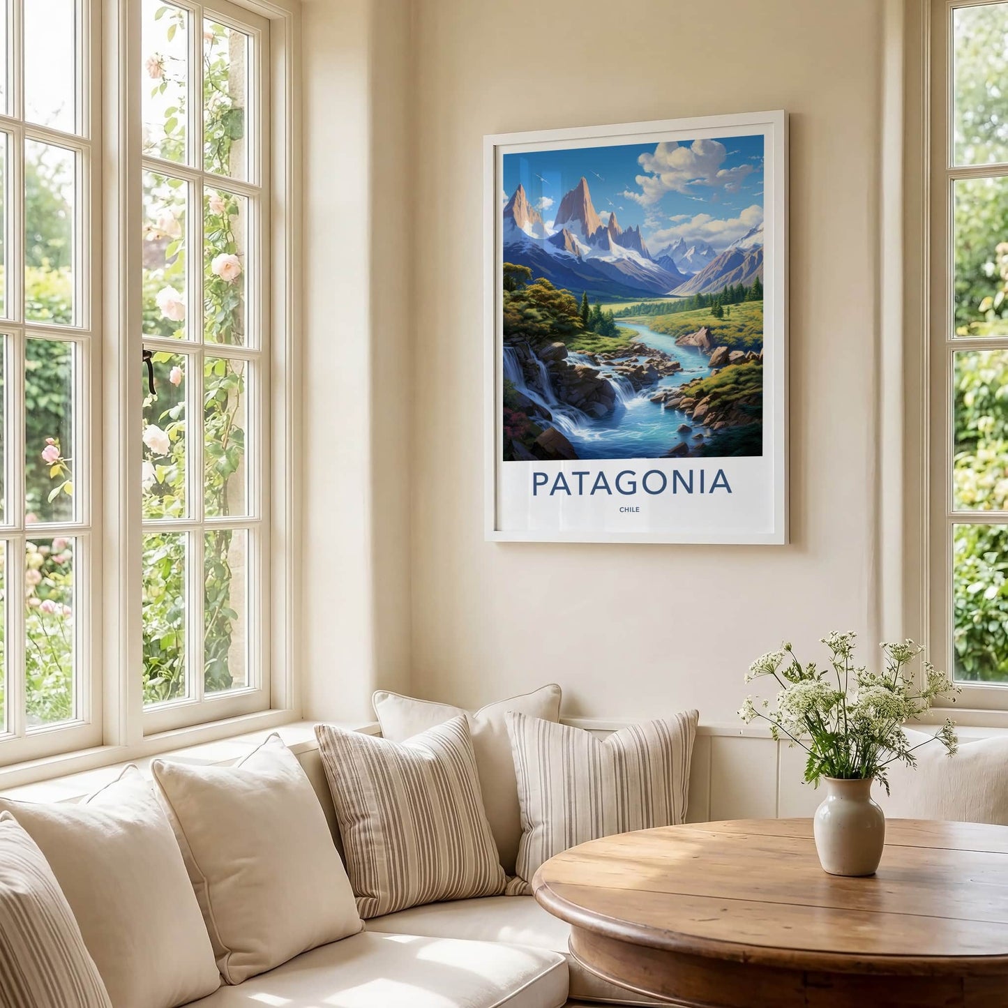 Patagonia Poster - Chile Travel Art - Mountain River Waterfalls Wall Decor