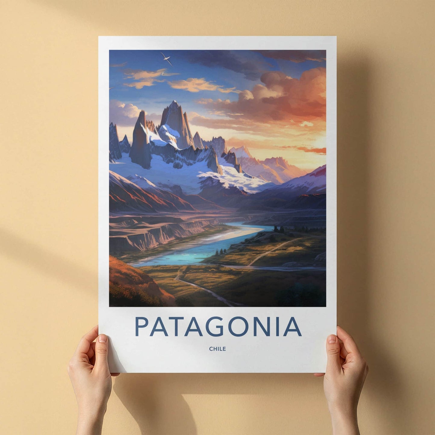 Patagonia Poster - Chile Travel Art - Snowy River Sunset Wall Decor