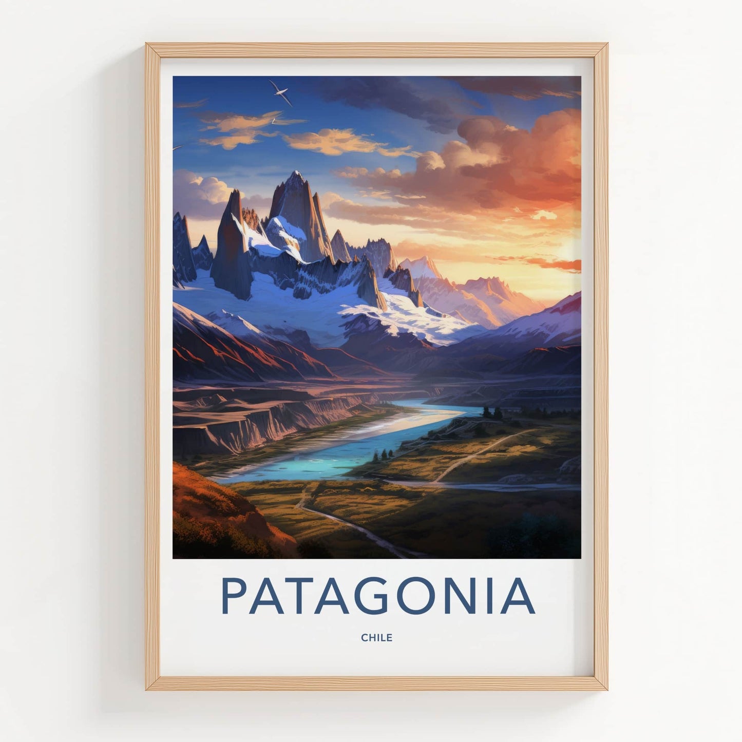 Patagonia Poster - Chile Travel Art - Snowy River Sunset Wall Decor