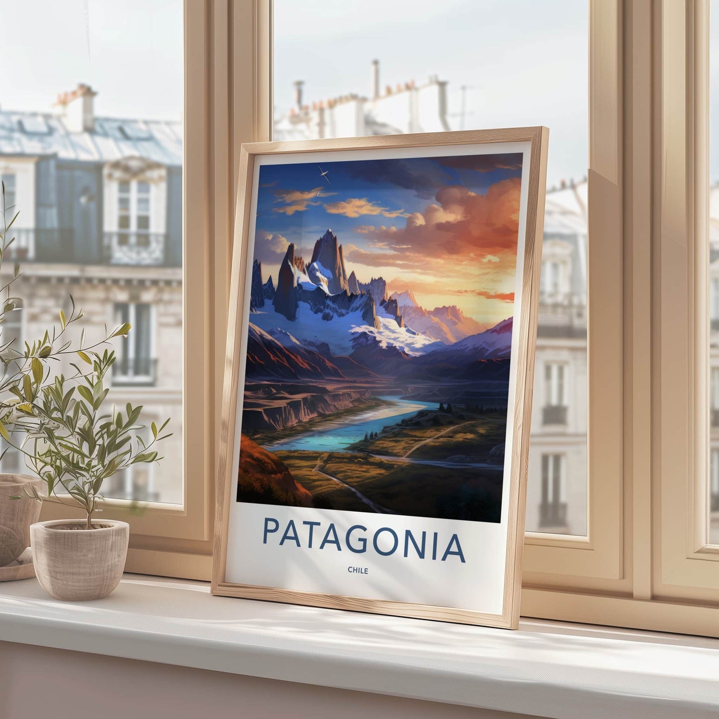 Patagonia Poster - Chile Travel Art - Snowy River Sunset Wall Decor