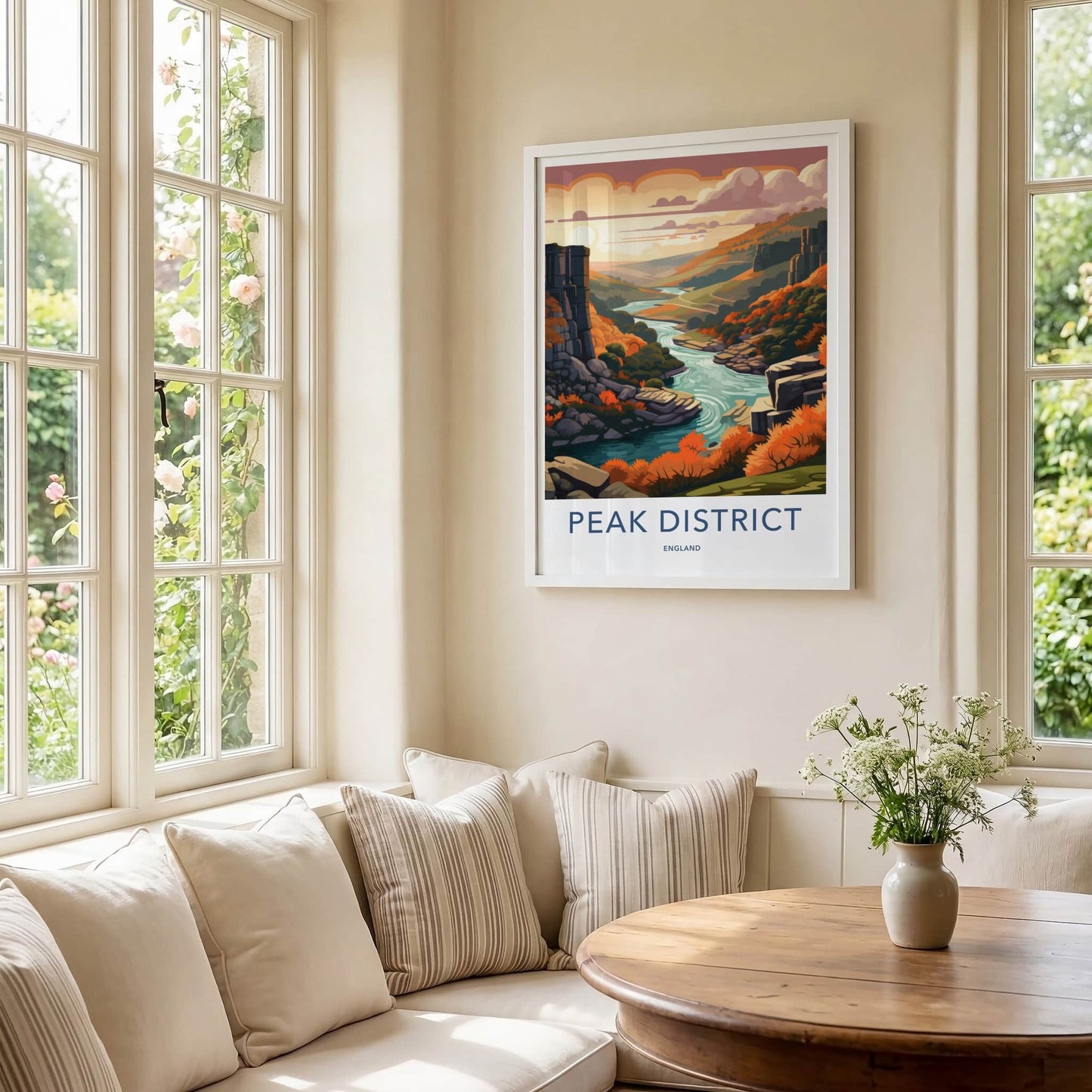 Peak District Poster - England Travel Art - Autumn River Valley Home Decor