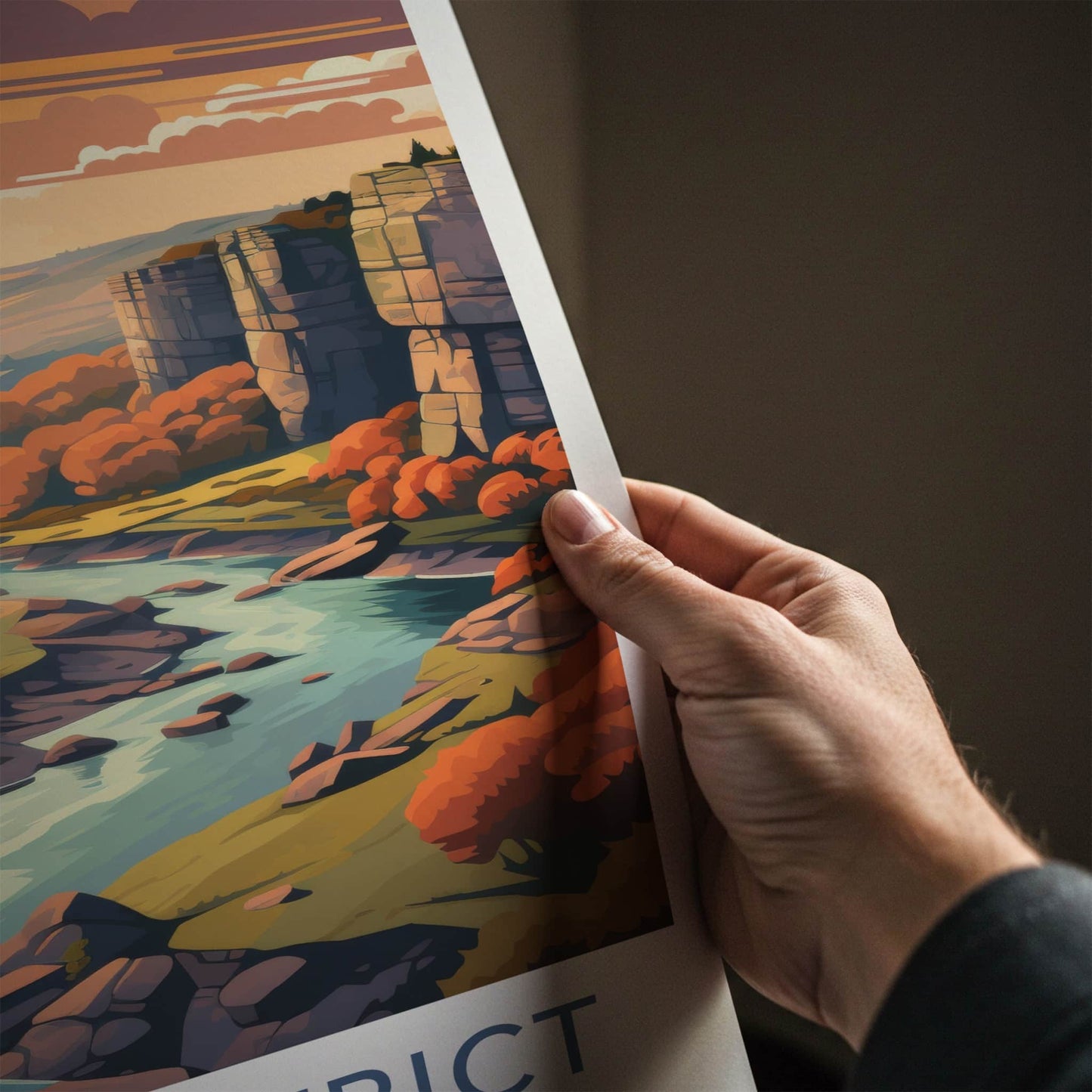 Peak District Poster - England Travel Art - Autumn River Valley Home Decor