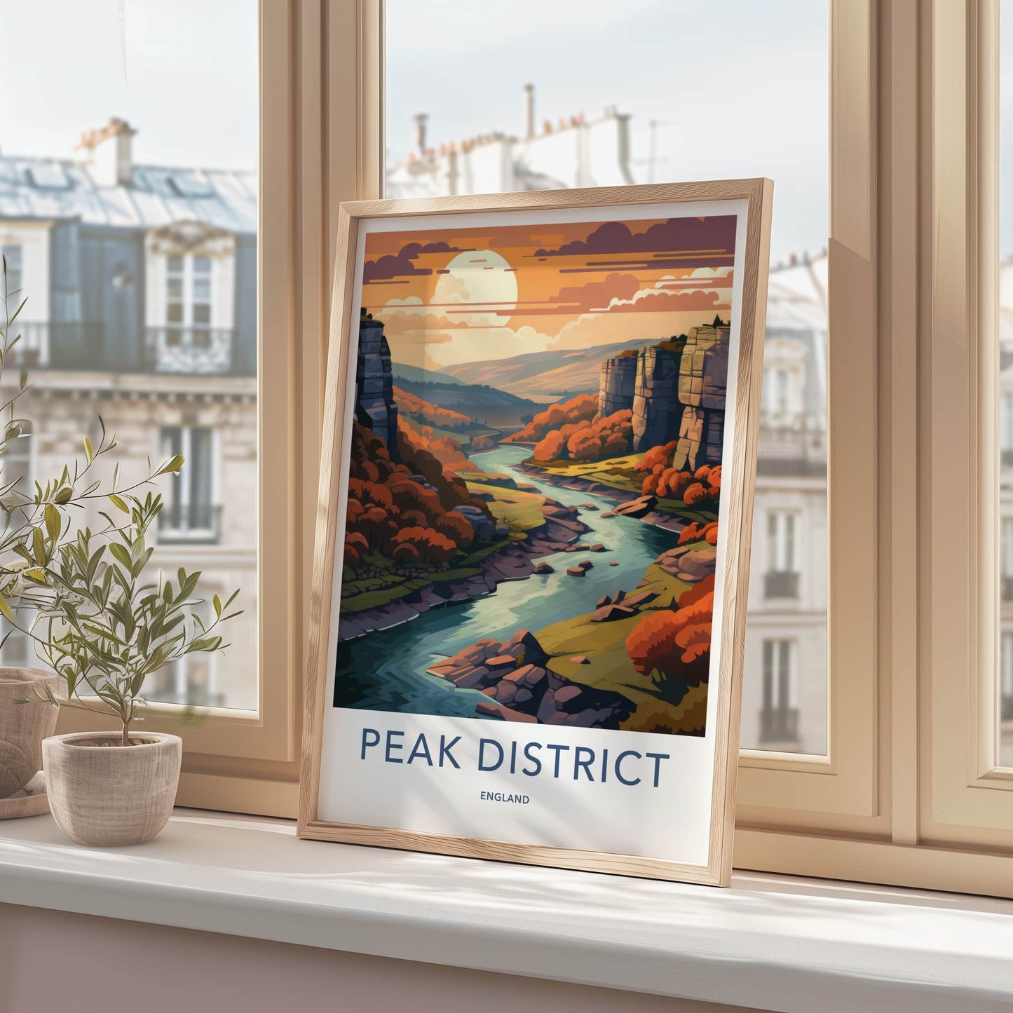 Peak District Poster - England Travel Art - Autumn River Valley Home Decor