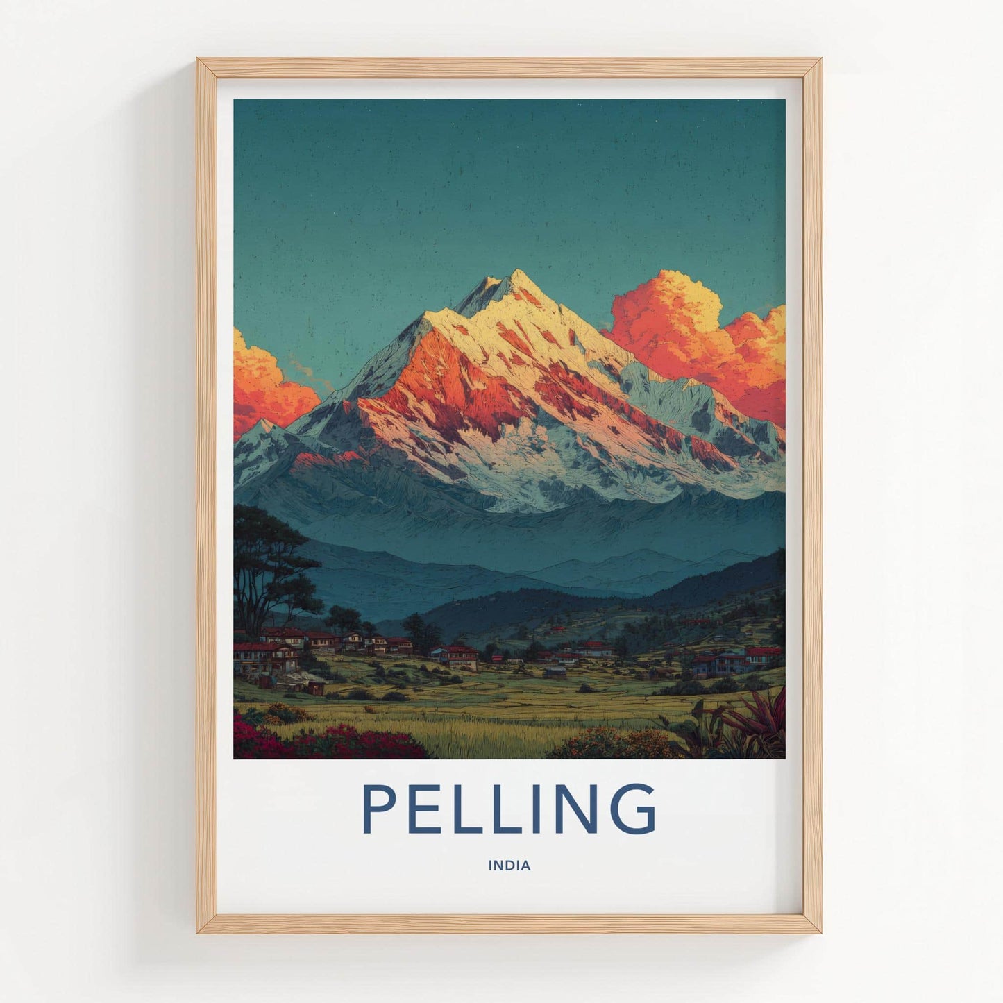 Pelling Poster - India Travel Art - Sikkim Snowy Peak Village Home Decor
