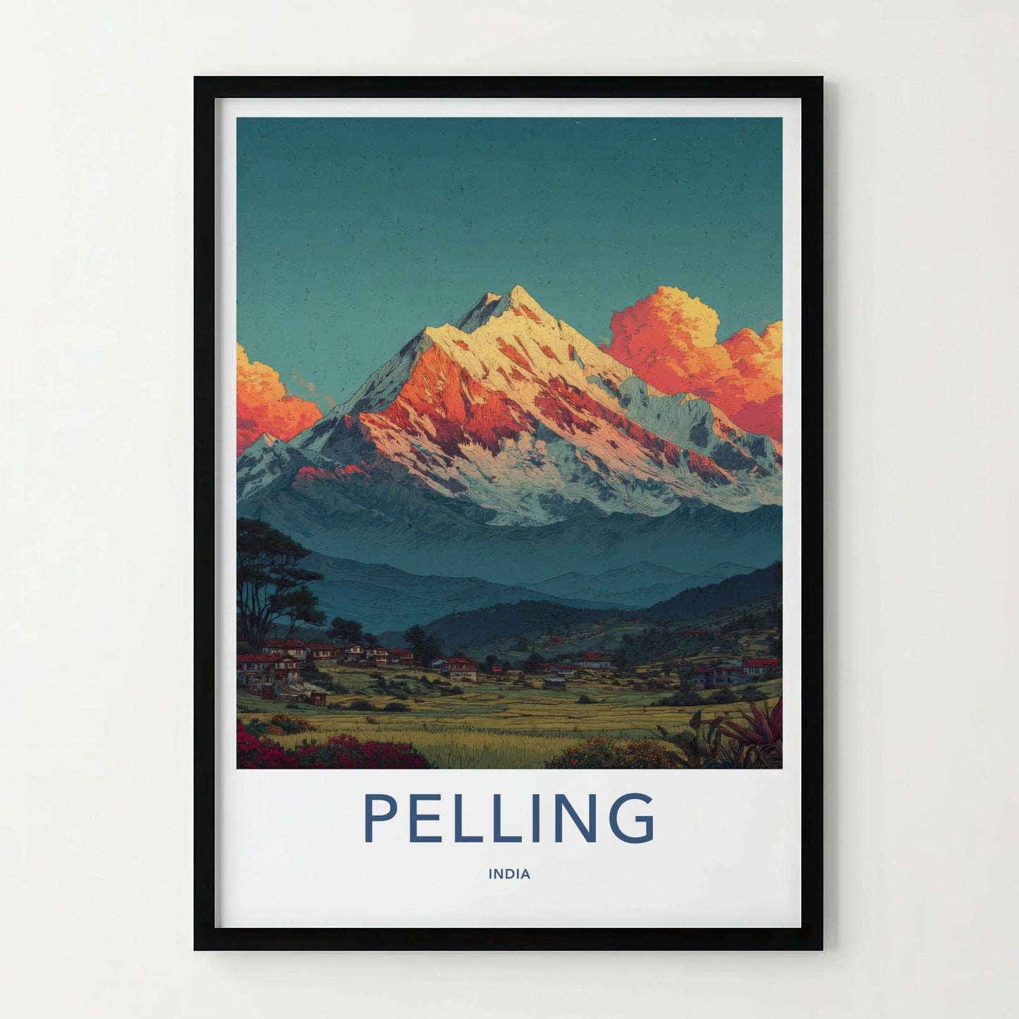 Pelling Poster - India Travel Art - Sikkim Snowy Peak Village Home Decor