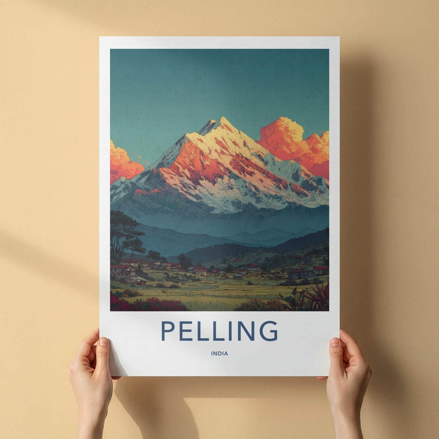 Pelling Poster - India Travel Art - Sikkim Snowy Peak Village Home Decor