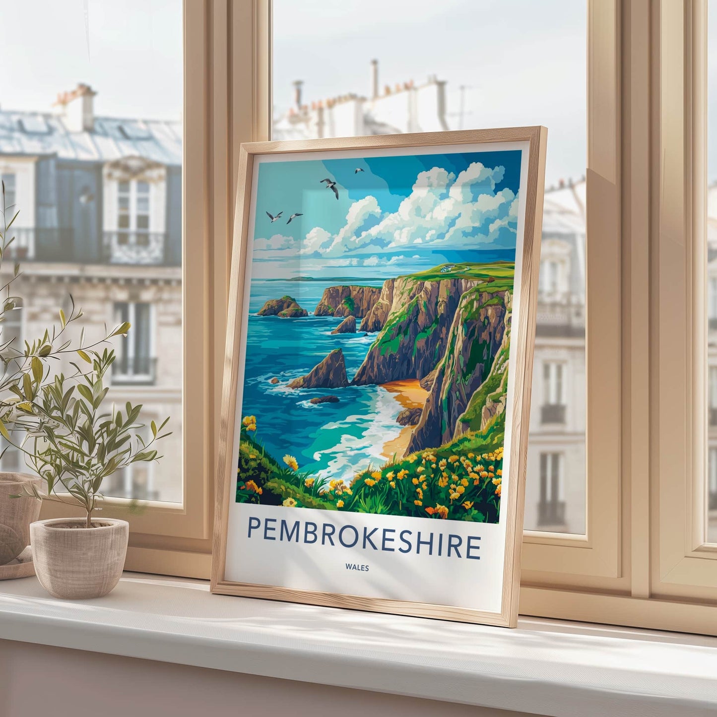 Pembrokeshire Poster - Wales Travel Art - Ocean Cliffs Flowers Home Decor