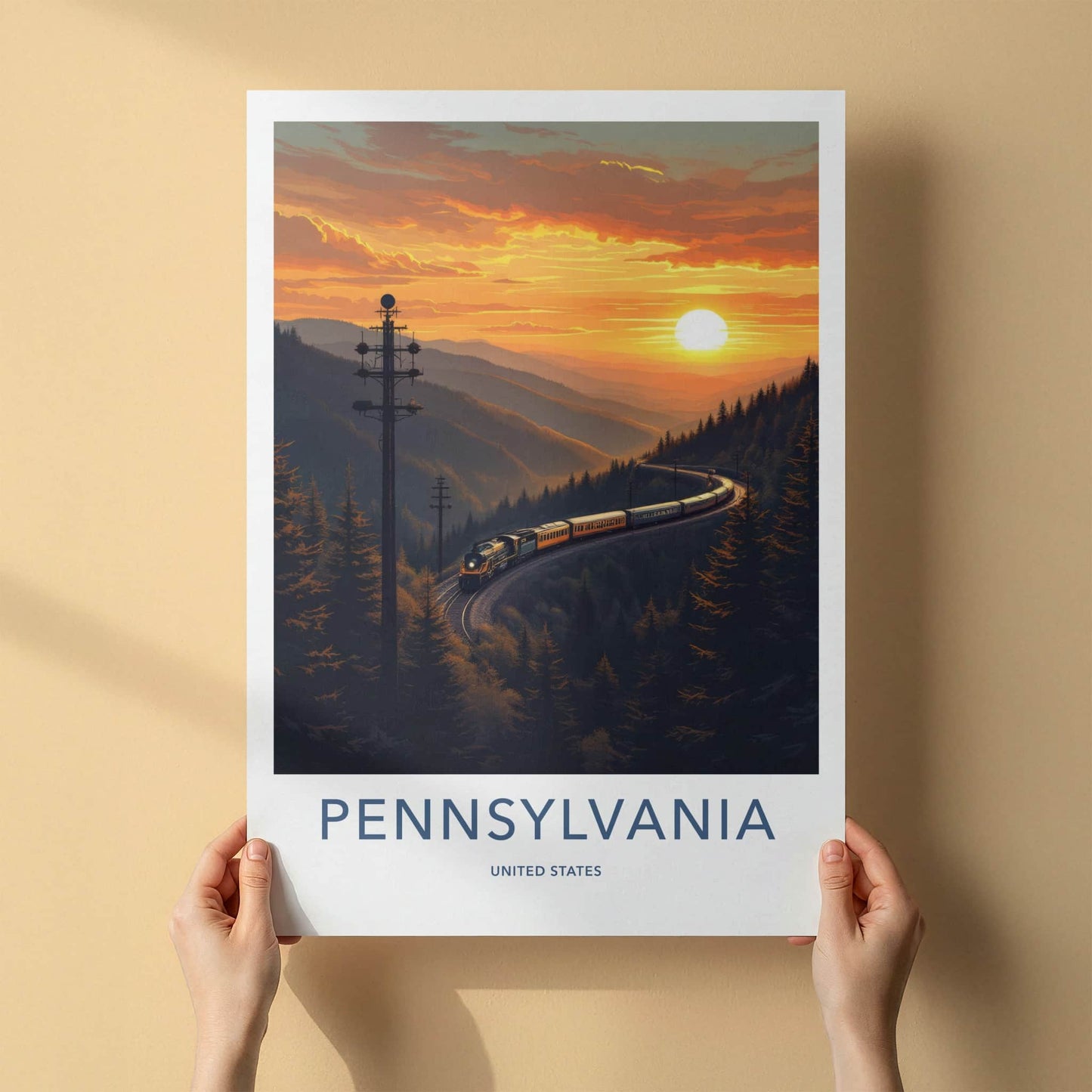 Pennsylvania Poster - Pennsylvania Travel Art - Mountain Sunset Train Home Decor