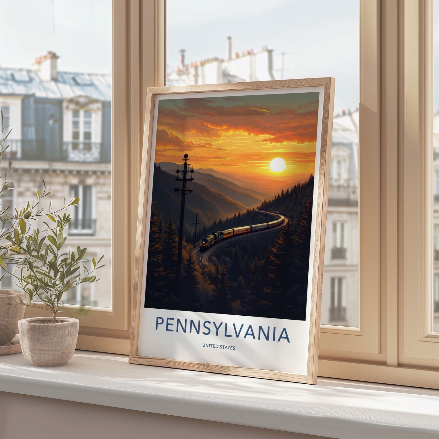 Pennsylvania Poster - Pennsylvania Travel Art - Mountain Sunset Train Home Decor
