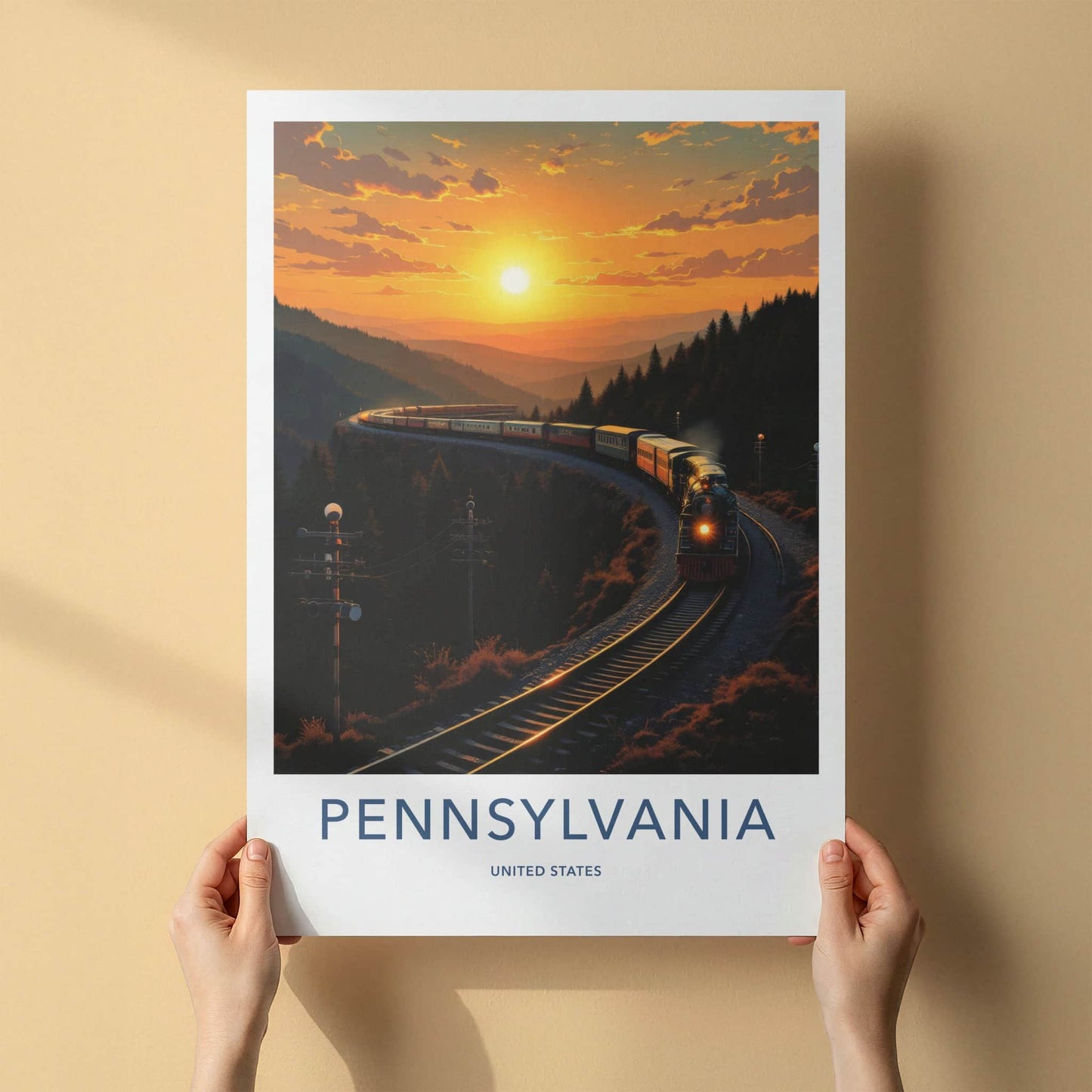 Pennsylvania Poster - Pennsylvania Travel Art - Sunset Train Mountains Home Decor