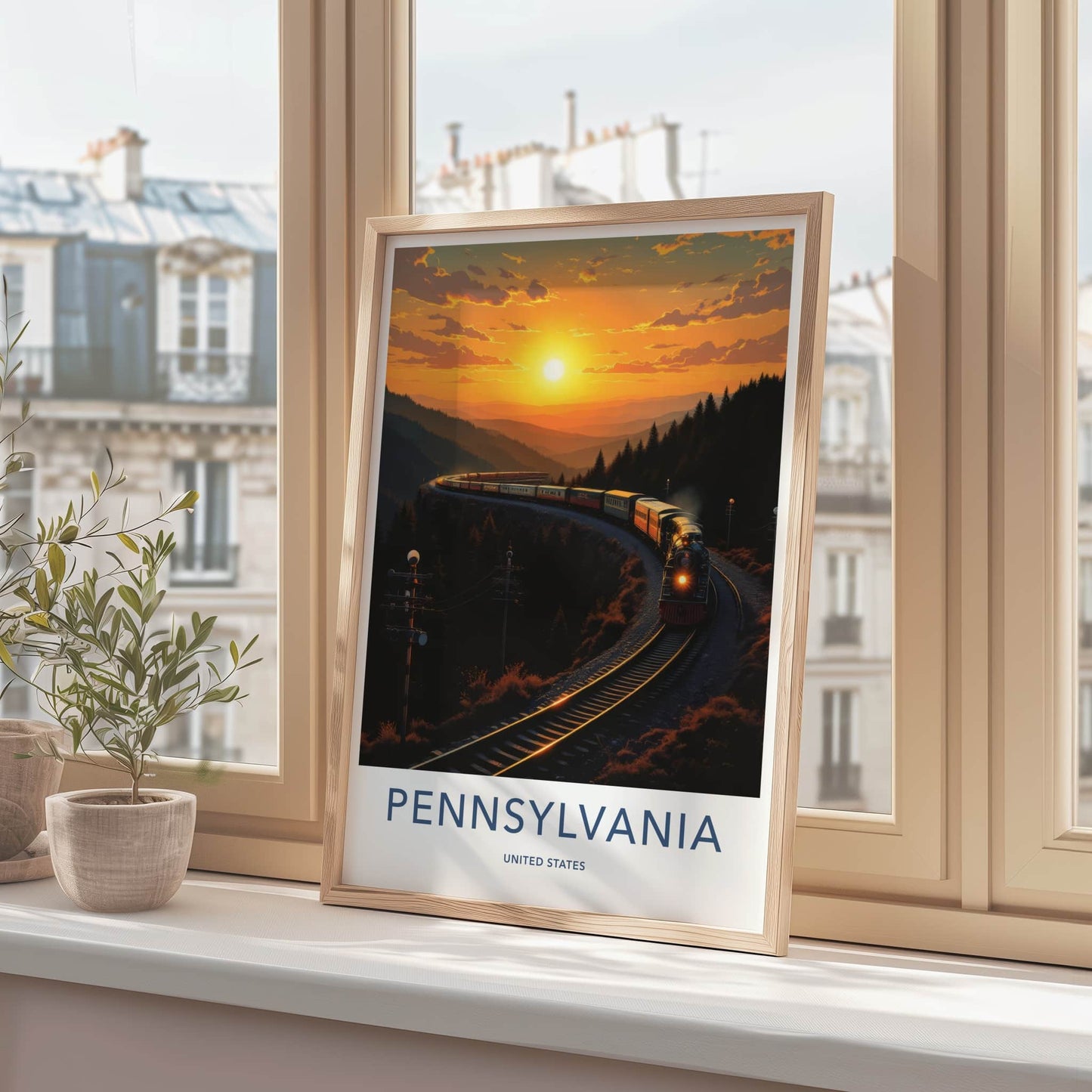 Pennsylvania Poster - Pennsylvania Travel Art - Sunset Train Mountains Home Decor