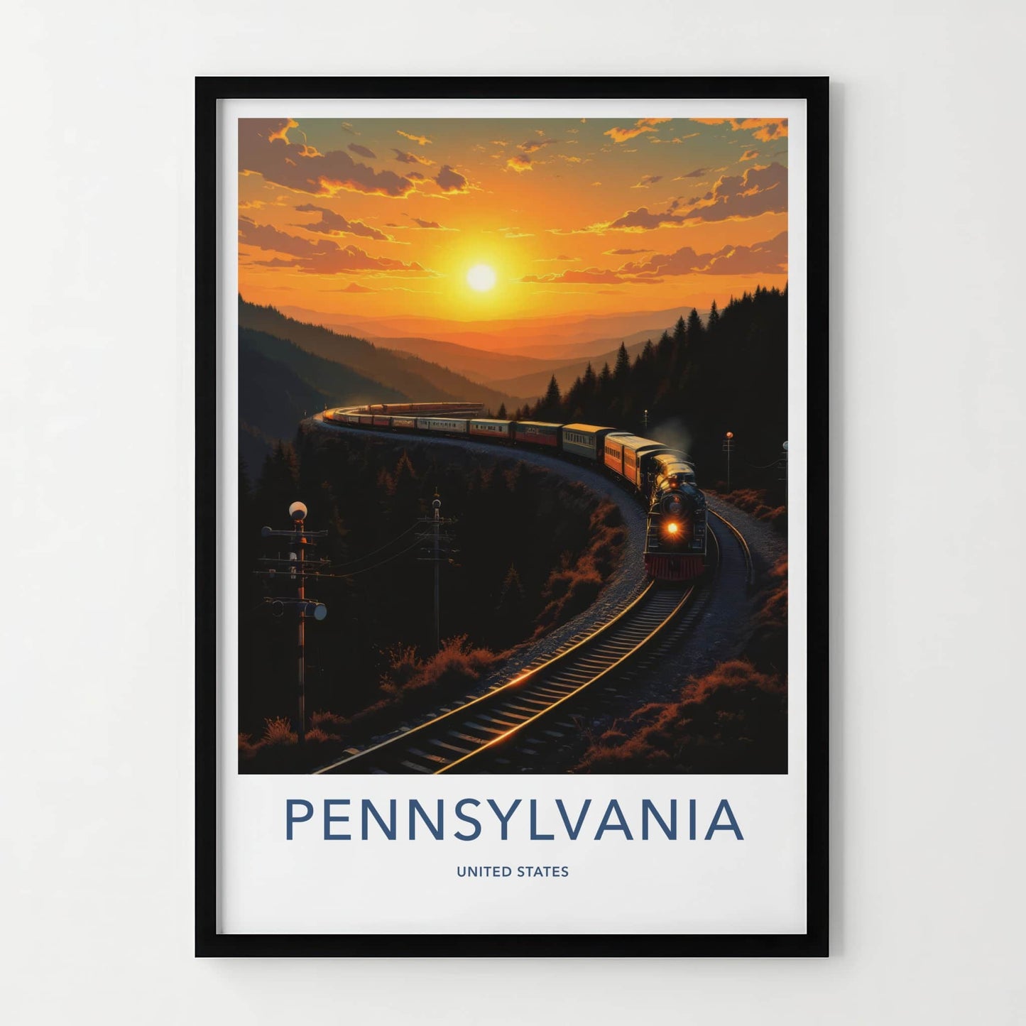 Pennsylvania Poster - Pennsylvania Travel Art - Sunset Train Mountains Home Decor