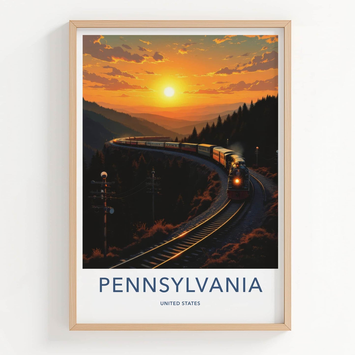 Pennsylvania Poster - Pennsylvania Travel Art - Sunset Train Mountains Home Decor