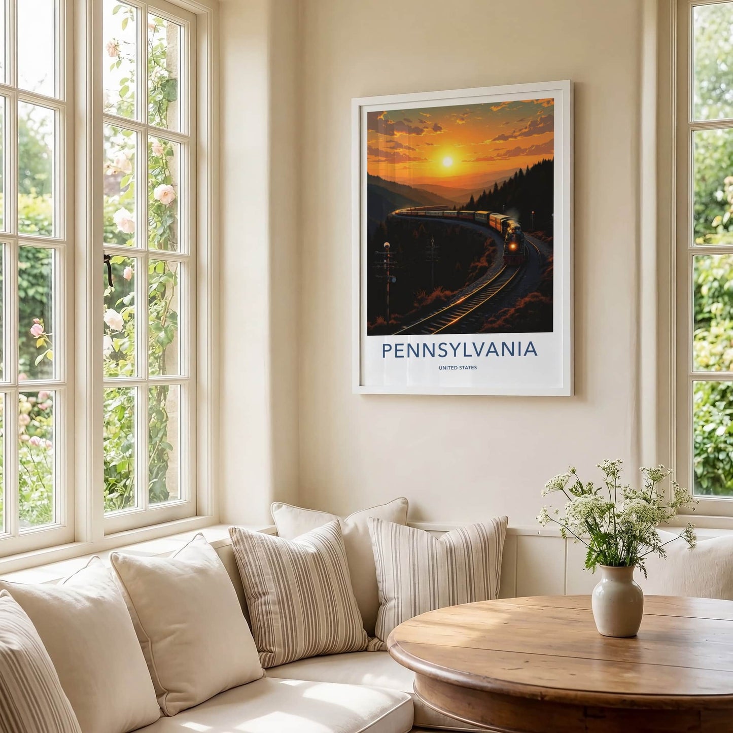 Pennsylvania Poster - Pennsylvania Travel Art - Sunset Train Mountains Home Decor