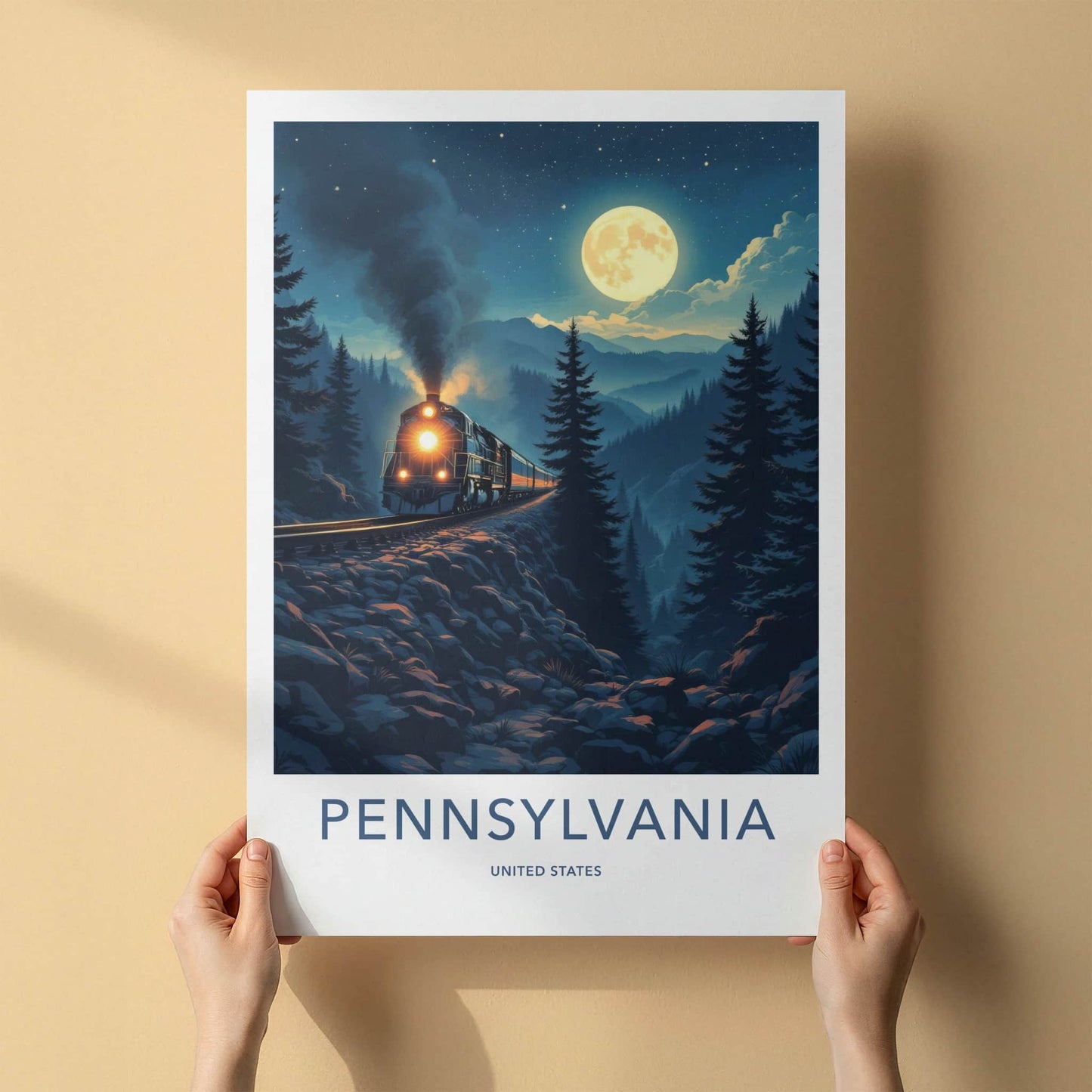 Pennsylvania Poster - Pennsylvania Travel Print - Moonlit Mountain Train Home Decor