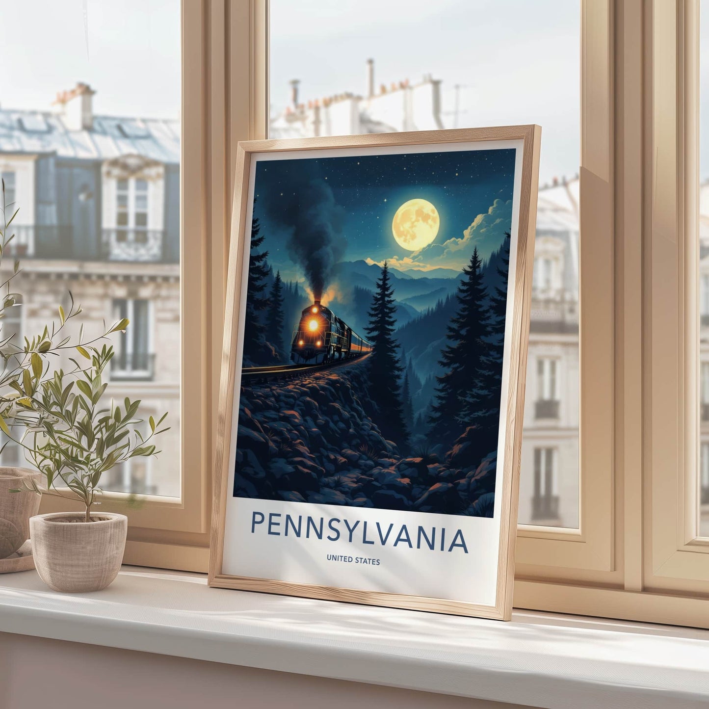 Pennsylvania Poster - Pennsylvania Travel Print - Moonlit Mountain Train Home Decor