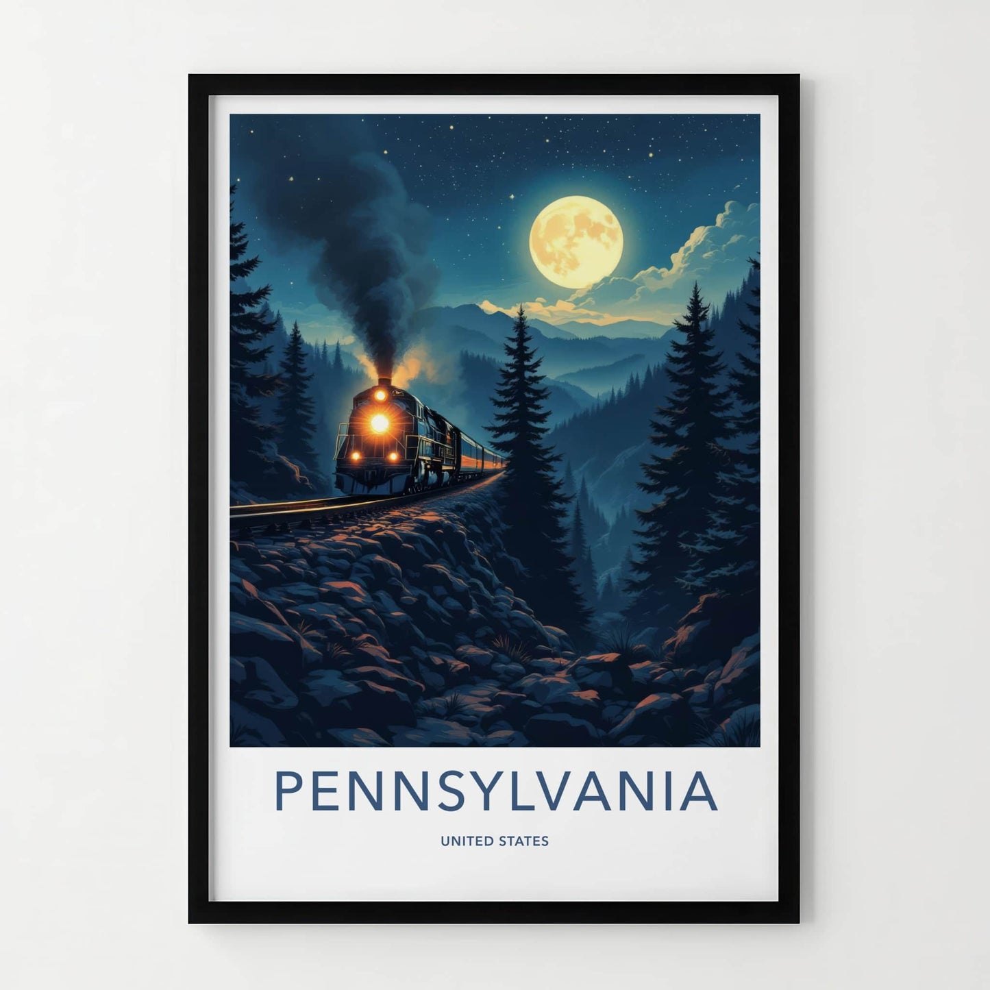 Pennsylvania Poster - Pennsylvania Travel Print - Moonlit Mountain Train Home Decor
