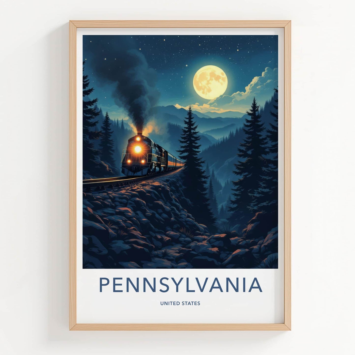 Pennsylvania Poster - Pennsylvania Travel Print - Moonlit Mountain Train Home Decor