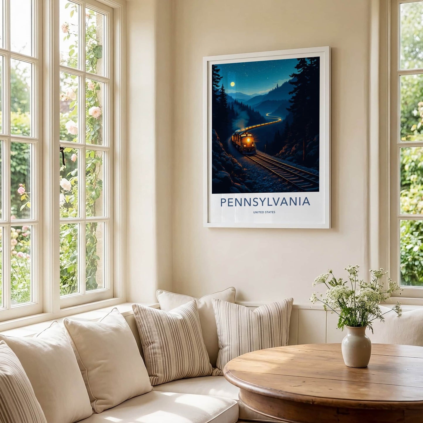PENNSYLVANIA Poster - Pennsylvania Travel Print - Moonlit Train Journey Home Decor