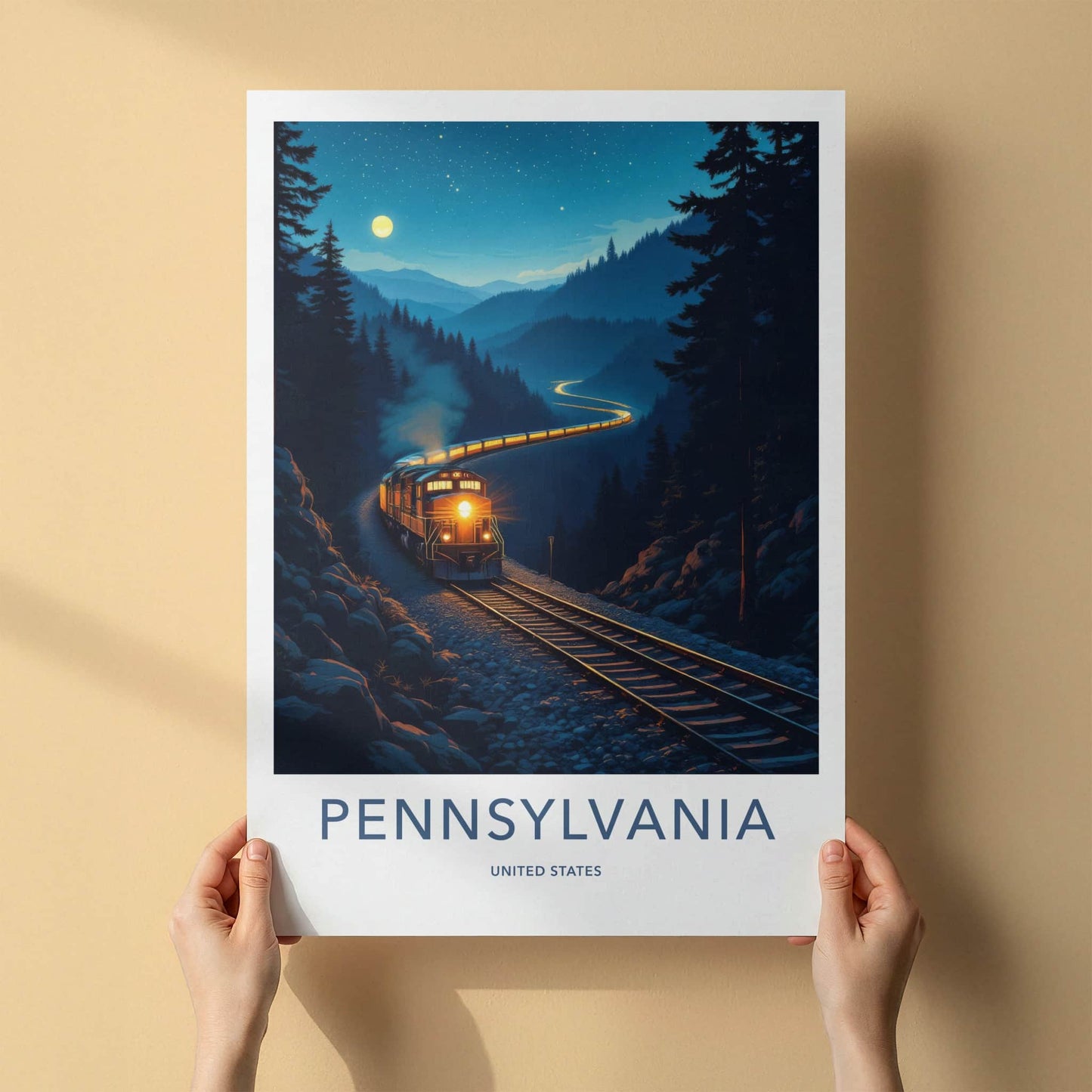 PENNSYLVANIA Poster - Pennsylvania Travel Print - Moonlit Train Journey Home Decor