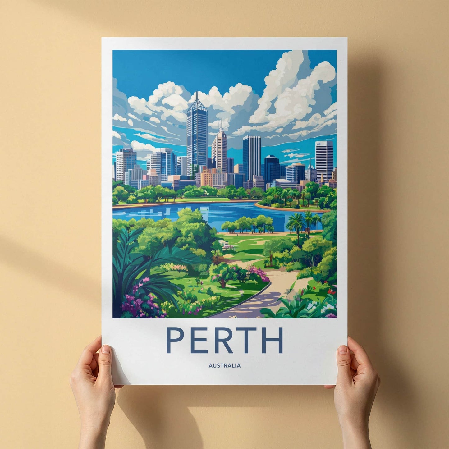Perth Poster - Australia Travel Art - Skyscraper River Gardens Home Decor