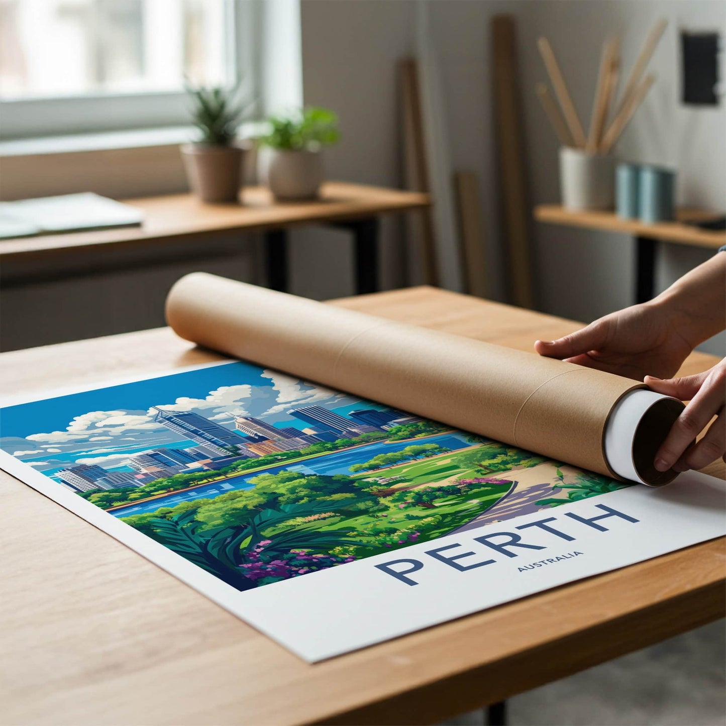 Perth Poster - Australia Travel Art - Skyscraper River Gardens Home Decor