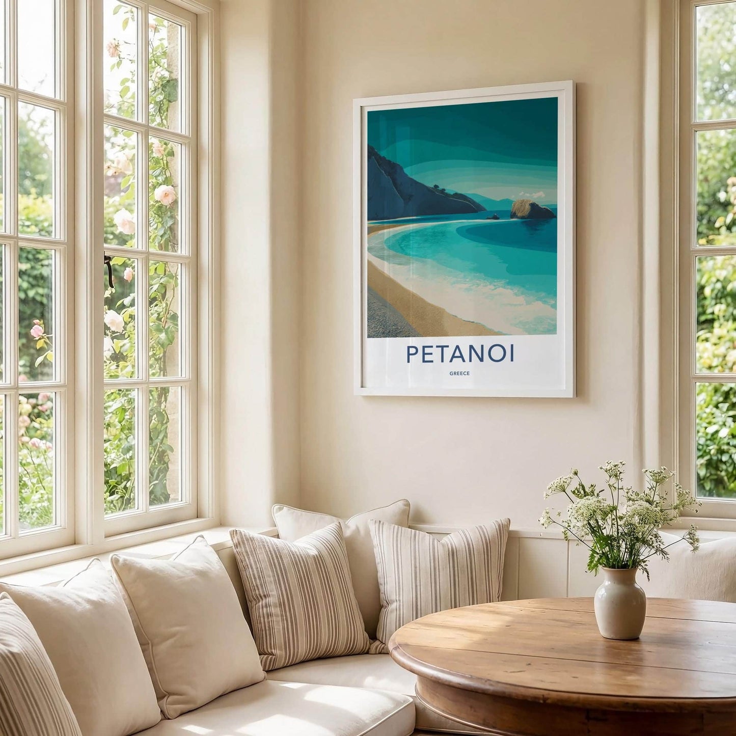 Petanoi Poster - Greece Framed Art - Turquoise Beach Cliffs Framed Decor