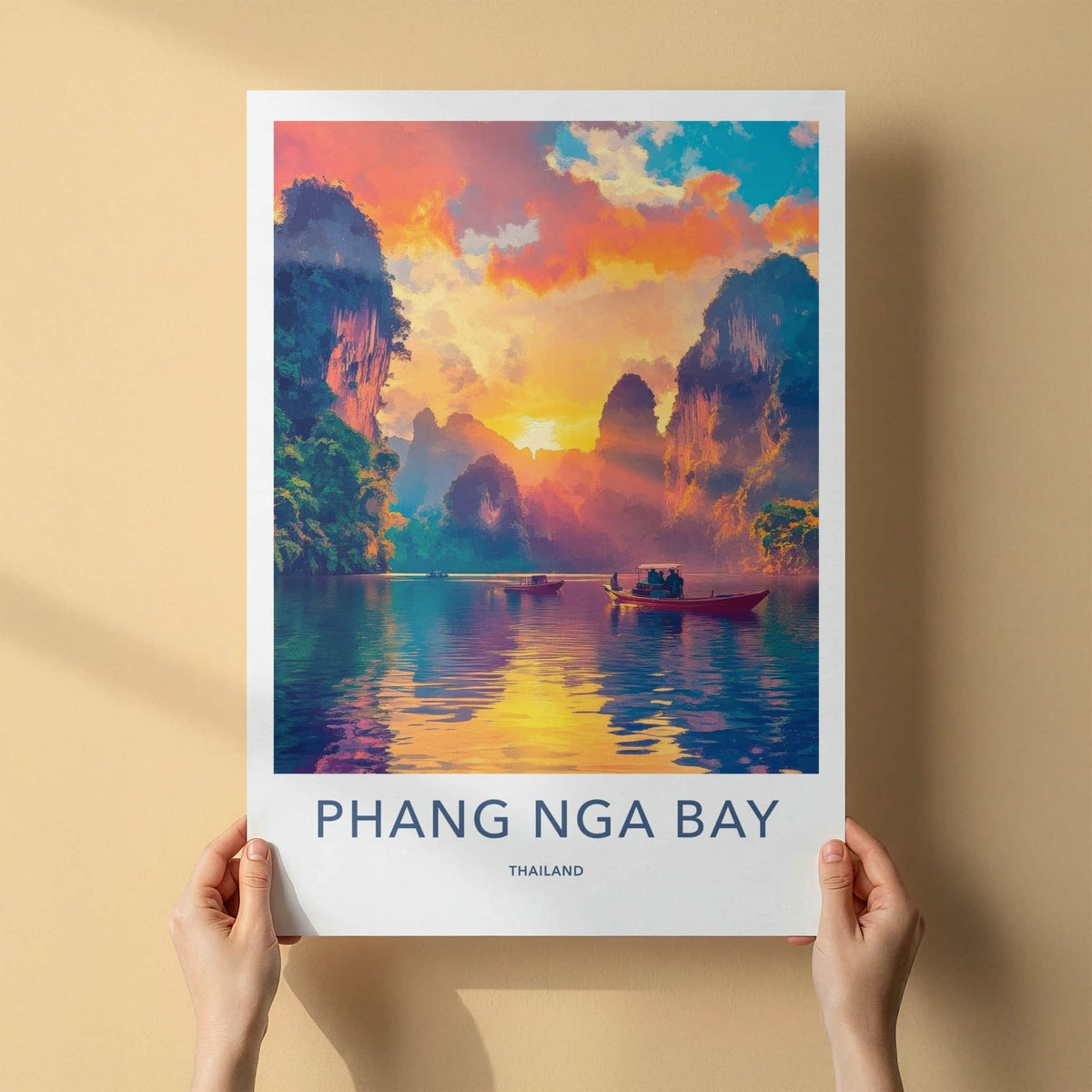 Phang Nga Bay Poster - Thailand Travel Art - Golden Hour Boats Home Decor