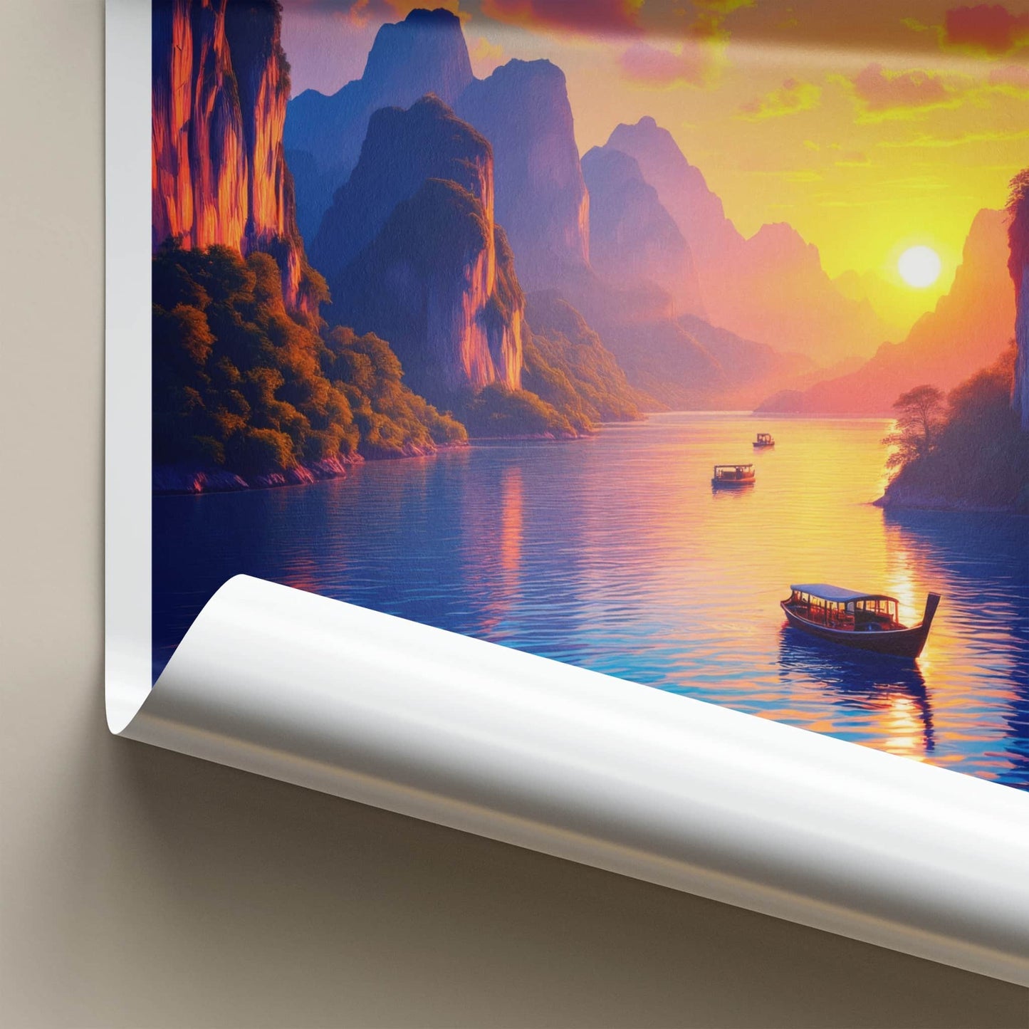 Phang Nga Bay Poster - Thailand Travel Art - Vibrant Sunset Boats Home Decor