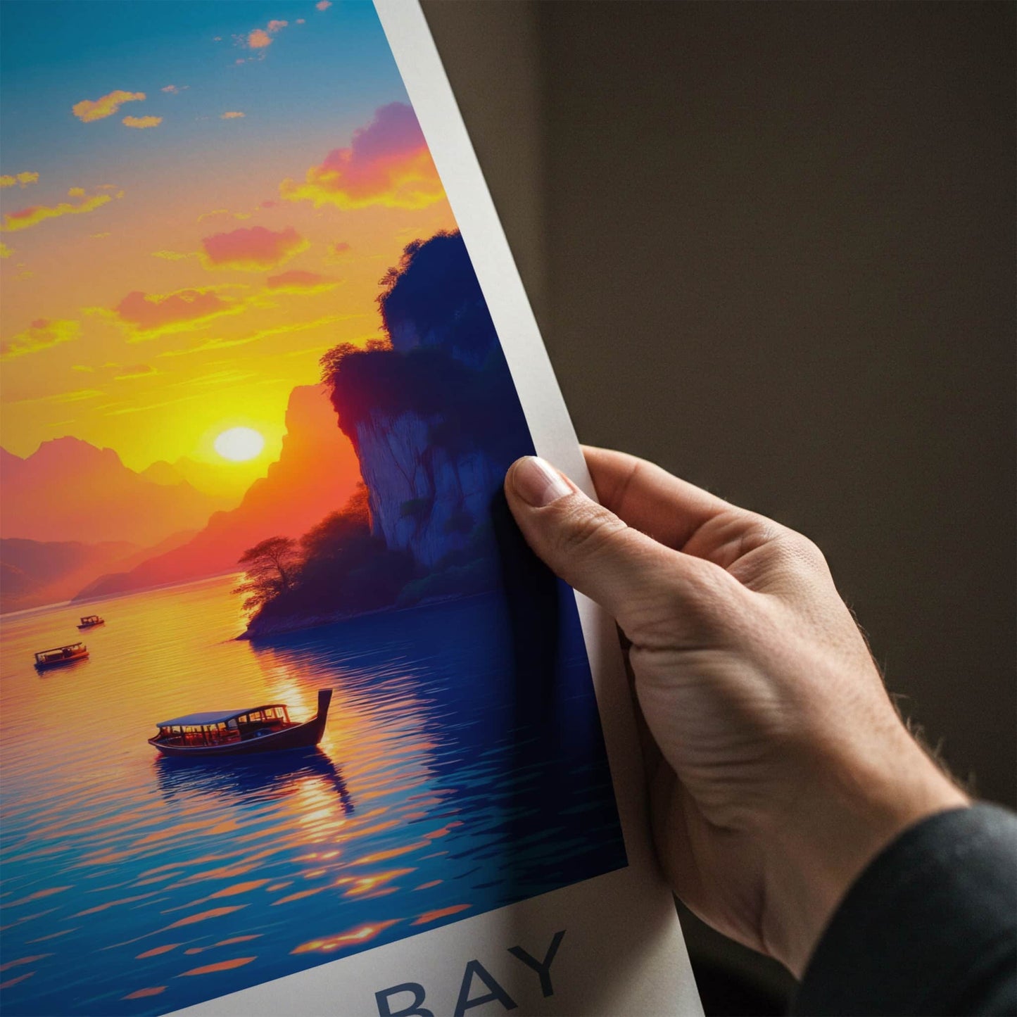 Phang Nga Bay Poster - Thailand Travel Art - Vibrant Sunset Boats Home Decor