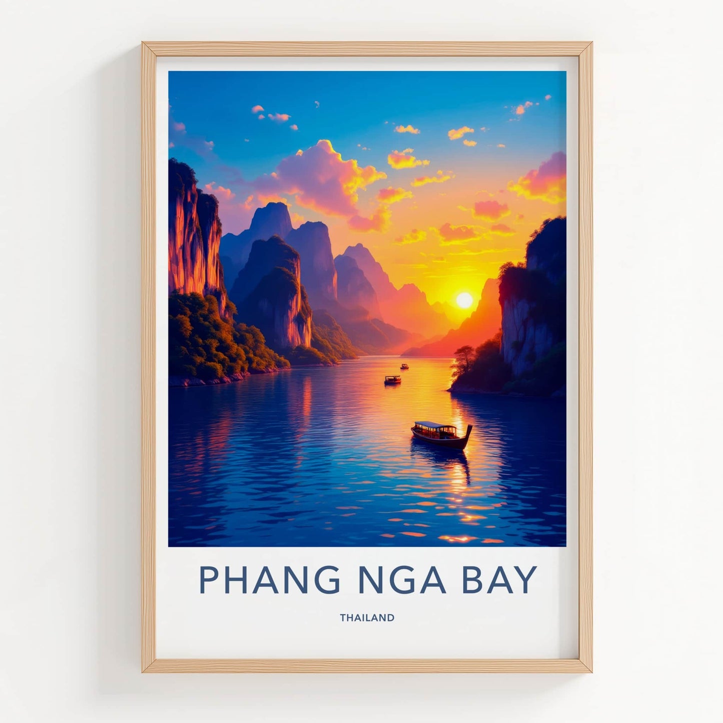 Phang Nga Bay Poster - Thailand Travel Art - Vibrant Sunset Boats Home Decor