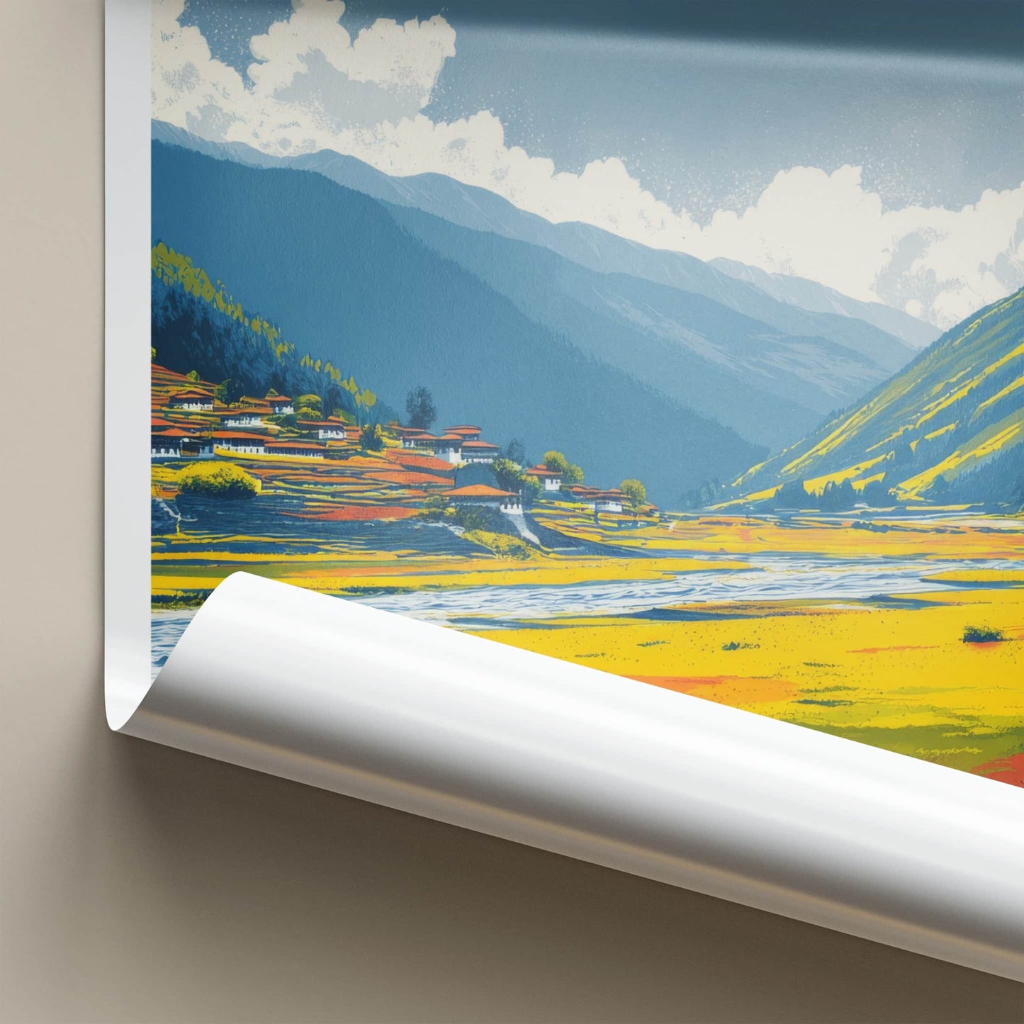 Phobjikha Poster - Bhutan Wall Art - Valley Village River Home Decor