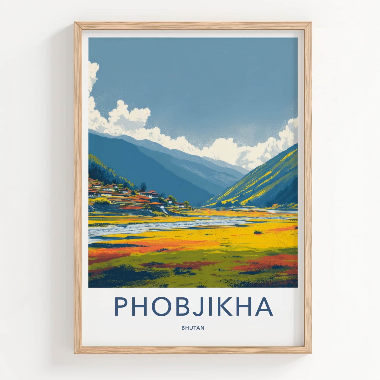 Phobjikha Poster - Bhutan Wall Art - Valley Village River Home Decor