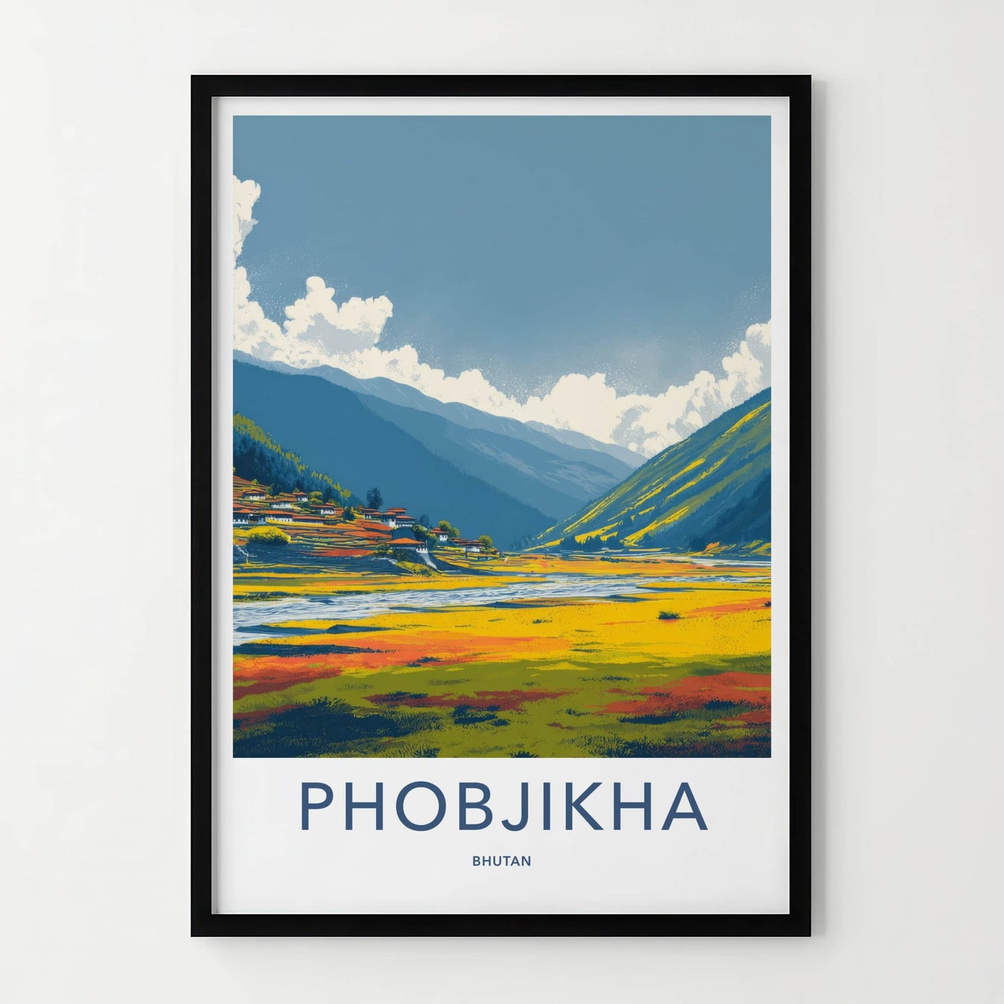 Phobjikha Poster - Bhutan Wall Art - Valley Village River Home Decor