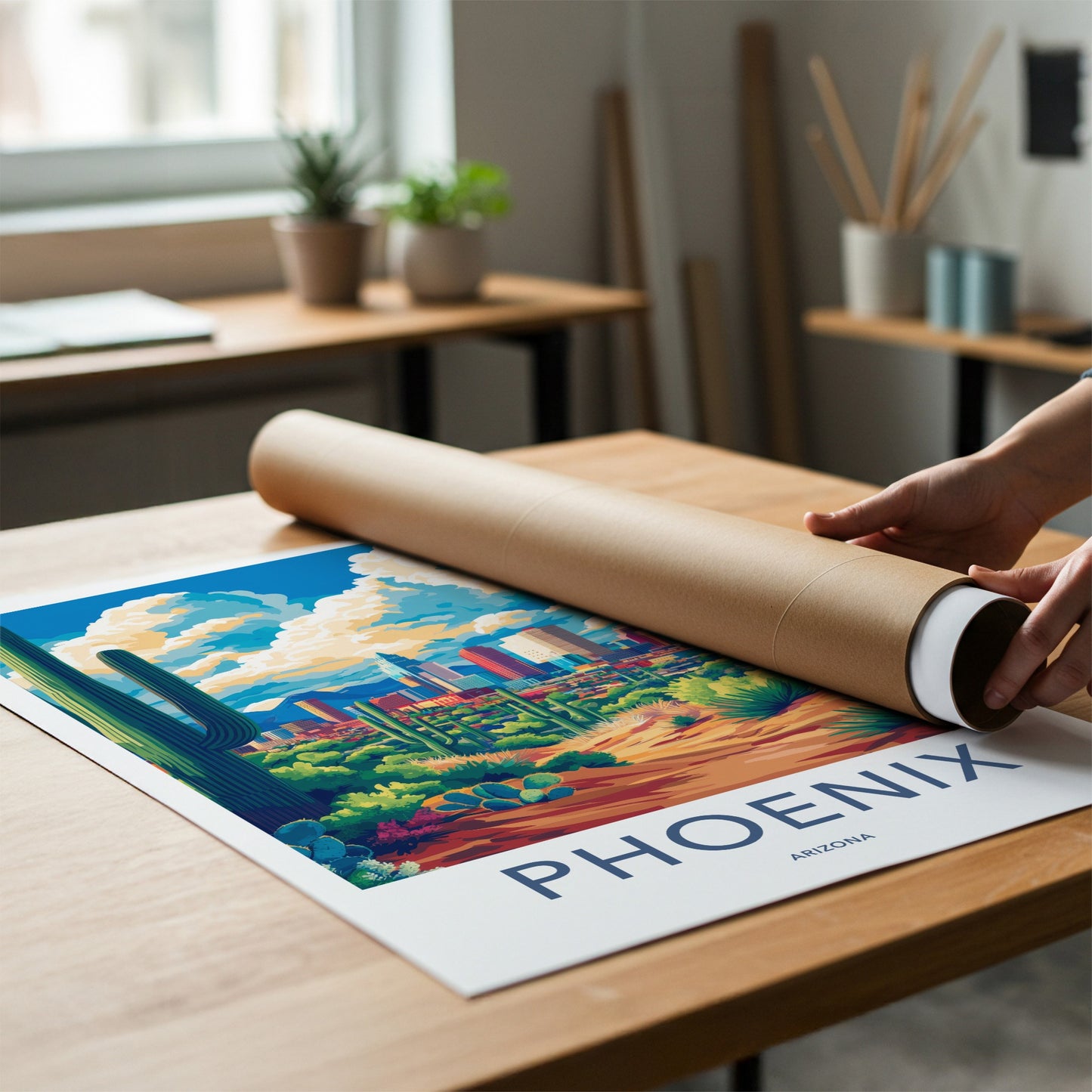 Phoenix Poster - Arizona Travel Art - Desert Cityscape Saguaro Gallery Art