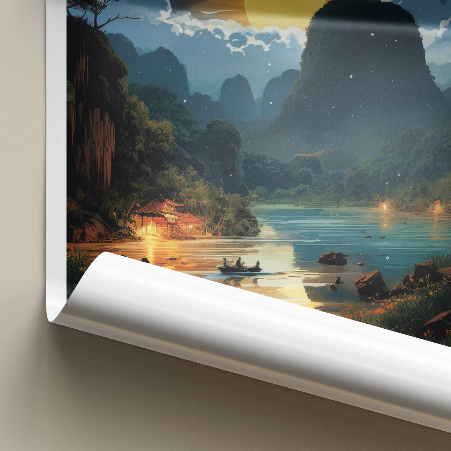 Phong Nha National Park Poster - Vietnam Travel Art - Moonlit River Boat Home Decor