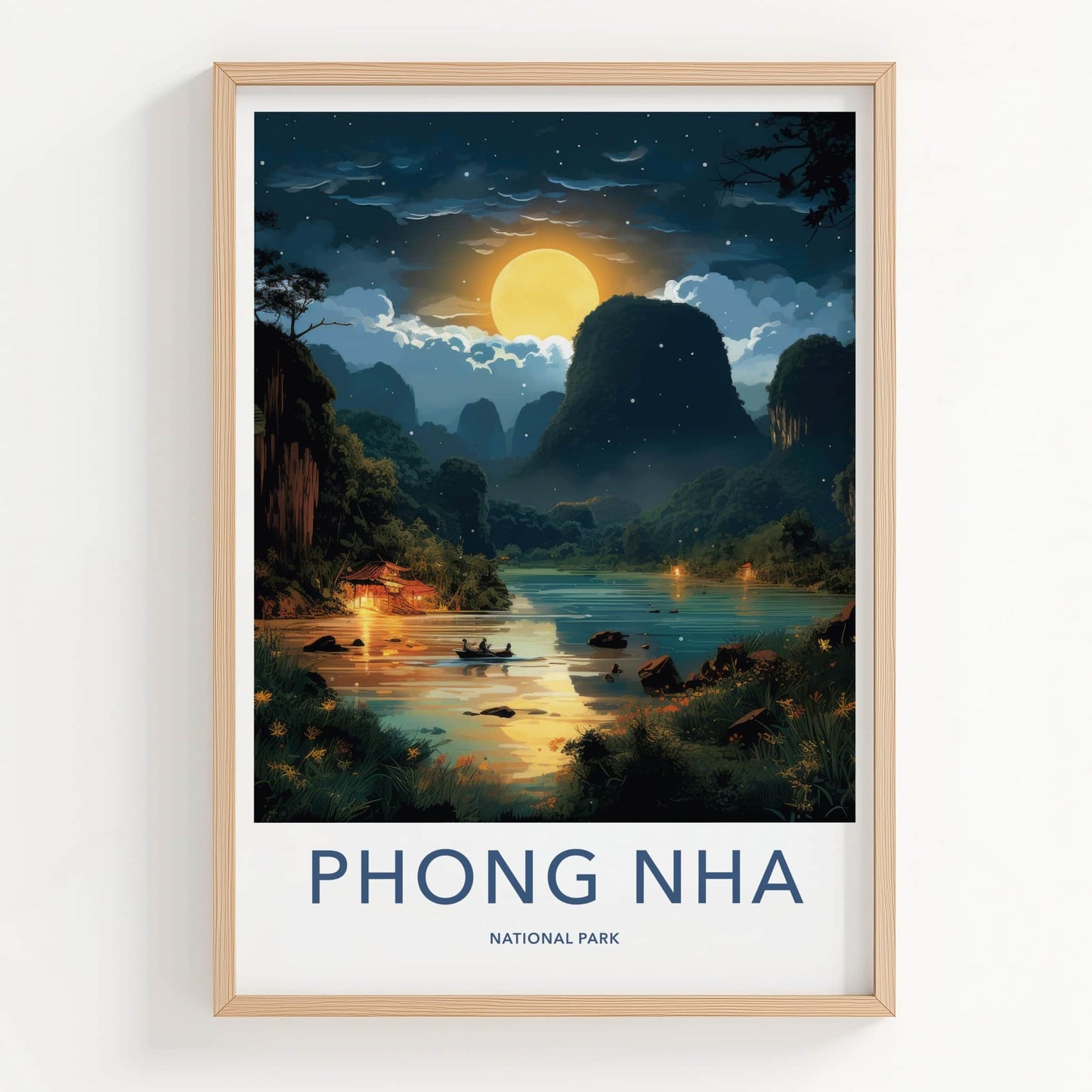 Phong Nha National Park Poster - Vietnam Travel Art - Moonlit River Boat Home Decor