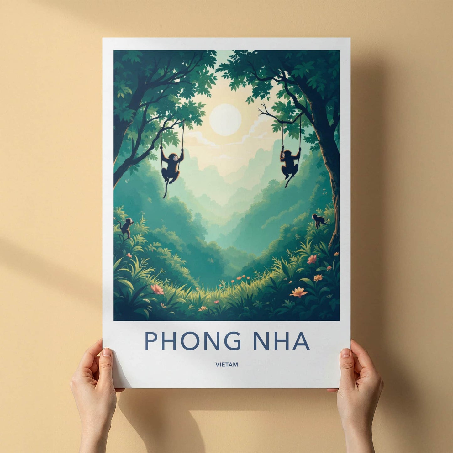 Phong Nha Poster - Vietnam Travel Art - Monkeys Jungle Swinging Home Decor