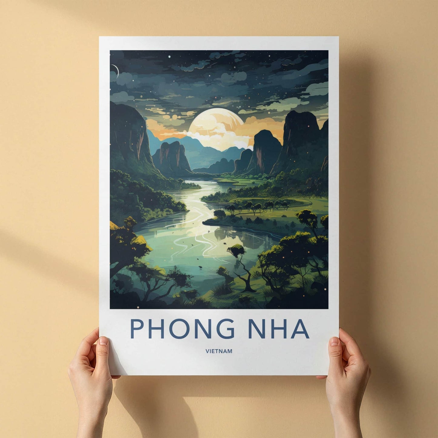 Phong Nha Poster - Vietnam Travel Art - Moonlit River Valley Home Decor