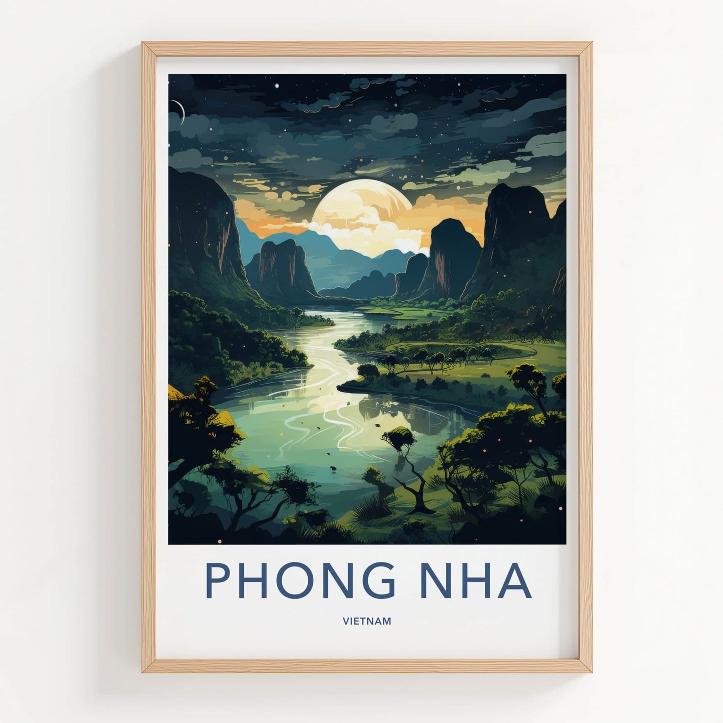 Phong Nha Poster - Vietnam Travel Art - Moonlit River Valley Home Decor