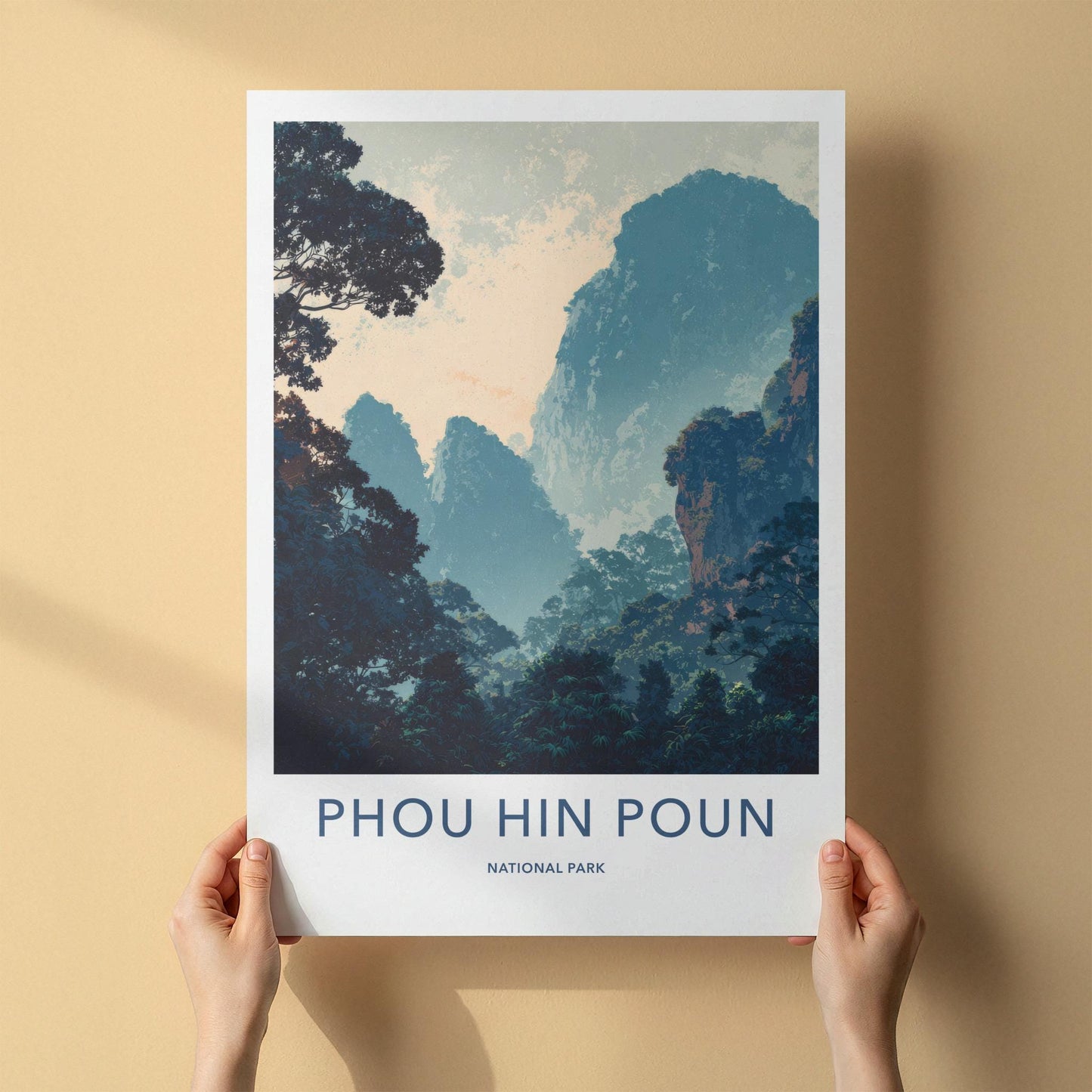 Phou Hin Poun National Park Poster - Laos Travel Print - Misty Karst Landscape Wall Decor