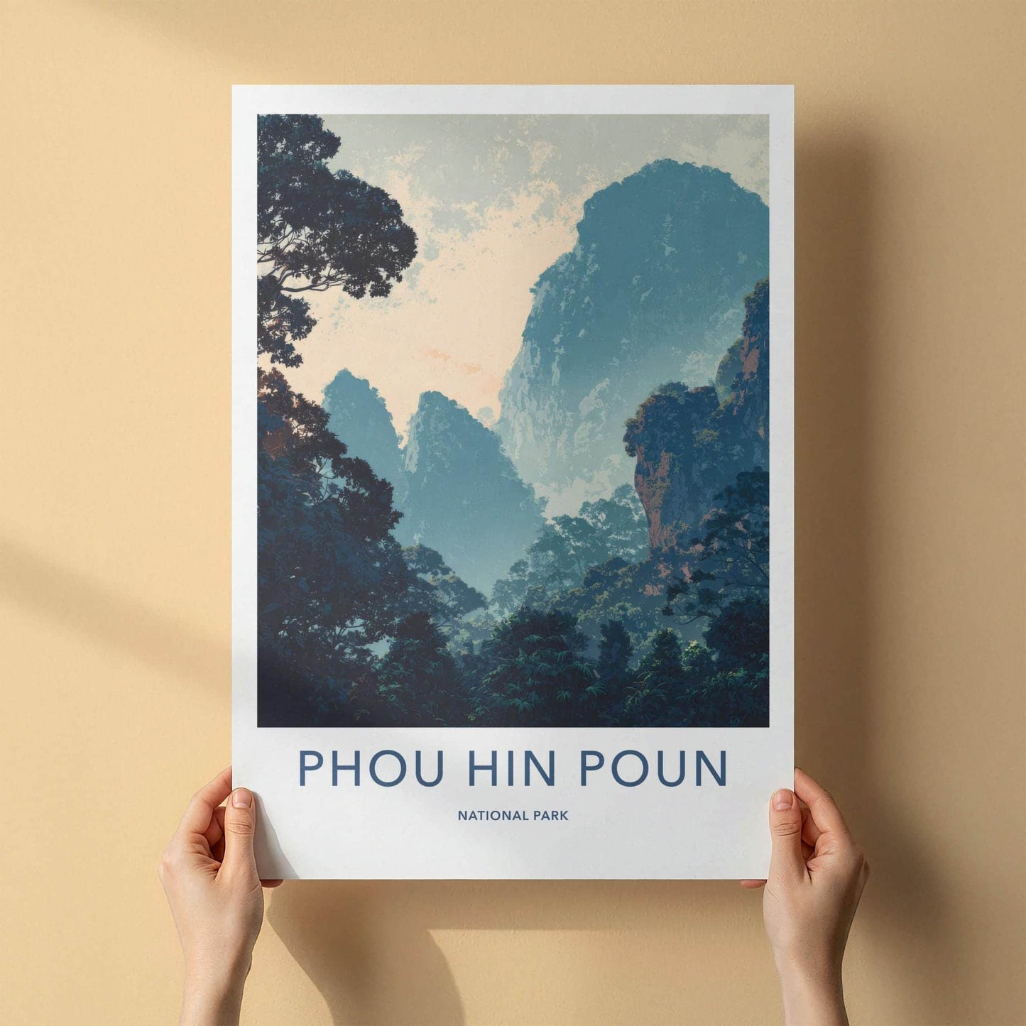 Phou Hin Poun National Park Poster - Laos Travel Print - Misty Karst Landscape Wall Decor